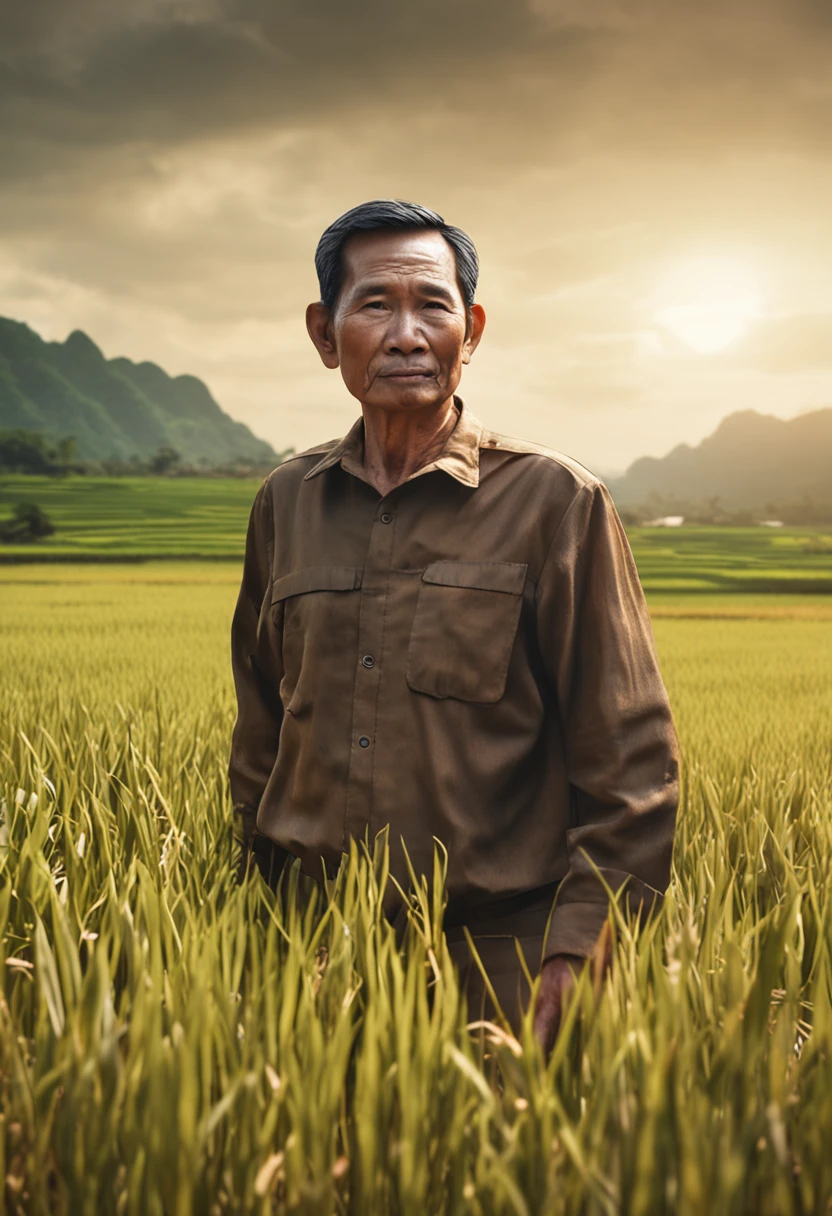 (Professional 3D rendering:1.3), bust photo, Vietnamese man in his 50s, a poor farmer, vast rice fields in the background, detailed, realistic photo