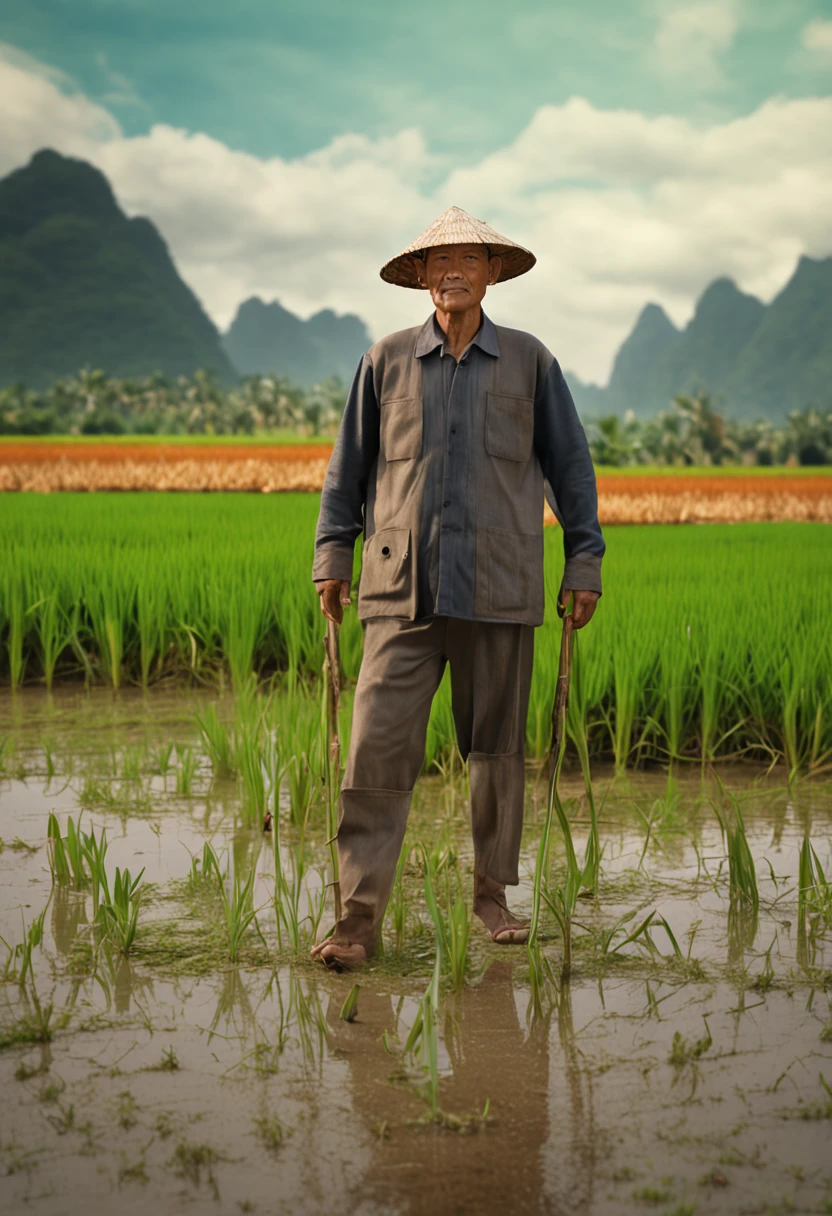 (Professional 3D rendering:1.3), bust photo, Vietnamese man in his 50s, a poor farmer, vast rice fields in the background, detailed, realistic photo