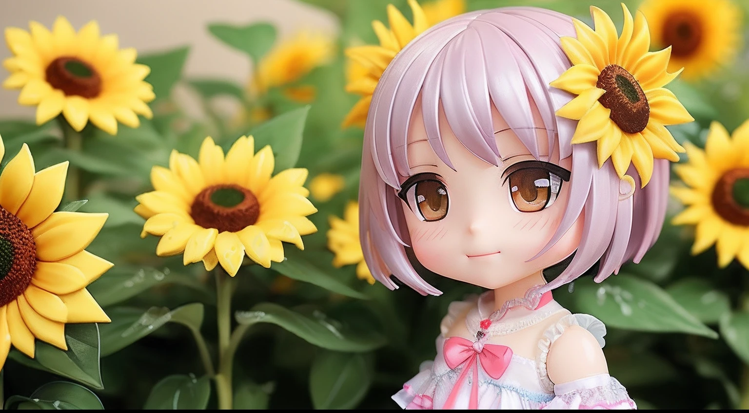 photoRealstic、Top Text Says "Code Angel"、Doll standing in front of the painting、swim wears、laugh face、Water droplets on the cheeks、Selfie Pose、spreading arms widely、、Sengai、pixiv、rokoko、dollfie dream、watercolor Nendoroid、(High Definition Figure)、flowing sakura-colored silk、nendroid、bustup、Sunflower petals、season!!: 夏☀ 🍂 ヒマワリ