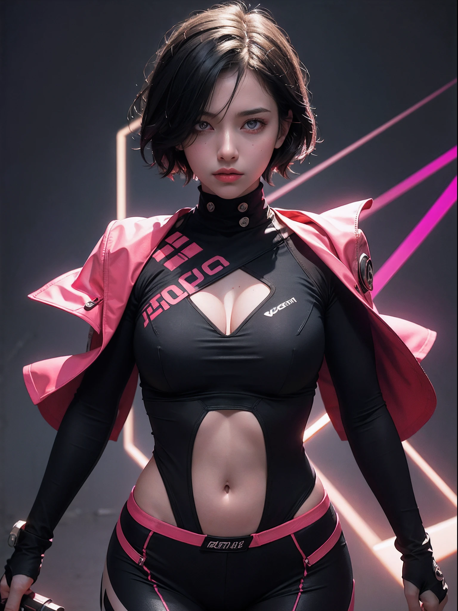 Unbeatable masterpiece, Ultra photo realsisim, Perfect artwork, Intricate details, Best quality, Strong light,High contrast, Dynamic pose,1girll , Solo , solofocus , Black hair , Pink eyes, Glowing eyes , Short hair , covers one eye, Dark background ,Gradient background , Laser reflective suit ,Medium ripe navel , Closed mouth ,watching the future ,