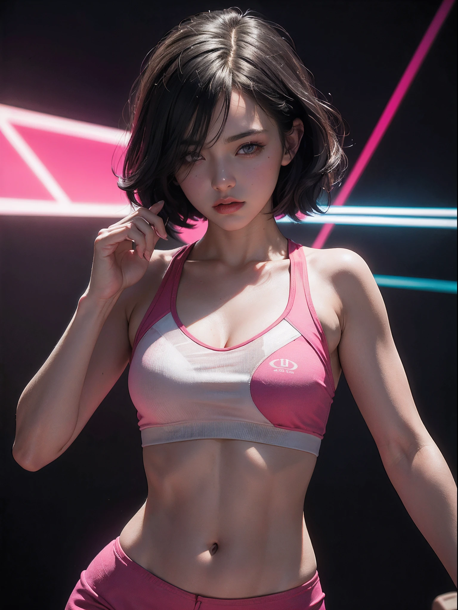 Unbeatable masterpiece, Ultra photo realsisim, Perfect artwork, Intricate details, Best quality, Strong light,High contrast, Dynamic pose,1girll , Solo , solofocus , Black hair , Pink eyes, Glowing eyes , Short hair , covers one eye, Dark background ,Gradient background , Laser reflective suit ,Medium ripe navel , Closed mouth ,watching the future ,