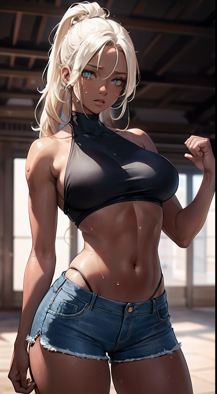 Drawing of platinum blonde katopunk female fitness model, hair in pigtails, toned body, feminine, (large breast implants:1.1), torso shot, wide shoulders, veins, beautiful face, detailed eyes, perfect eyes, makeup, full lips, slim face, high cheekbones, (best quality, highres, ultra-detailed, realistic), muscular arms, defined abs, confident expression, ((wearing micro-bikini)), (hard nipples:1.3), lovely gaze, light colors, dynamic lighting, artwork, blank background