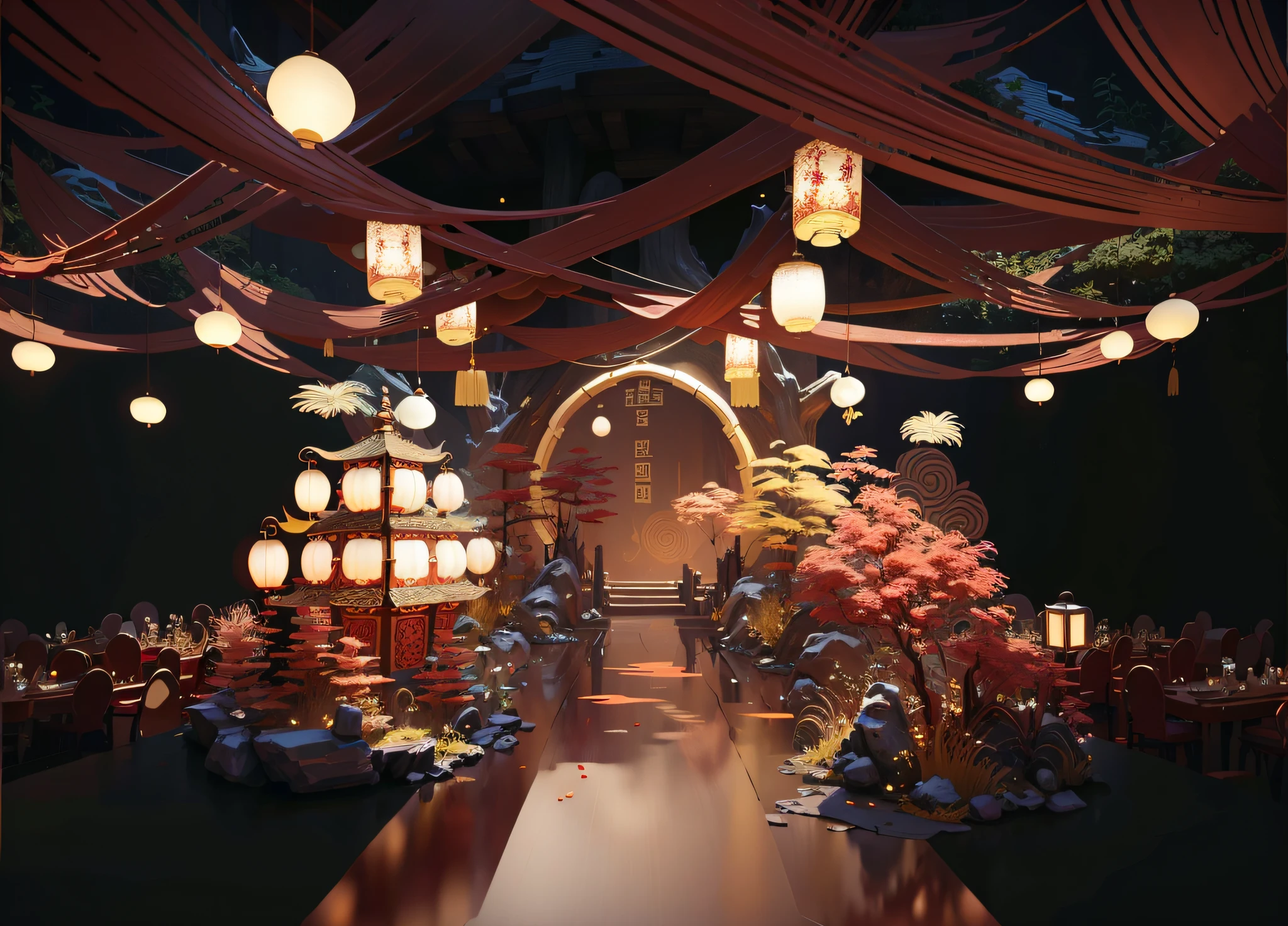 Wedding decoration with red draping and lanterns, dreamy atmosphere and drama, Beautiful rendering of the Tang Dynasty, stunning arcanum backdrop, surreal sci fi set design, intricate sparkling atmosphere, dramatic theming, Chinese style, with ancient chinese aesthetic, crimson themed, Magical atmosphere + Masterpiece, fantasy themed, surreal 3 d render, 3d magical details，a chinese wedding，shock，Lots of detail，The composition is reasonable，The color is predominantly red，