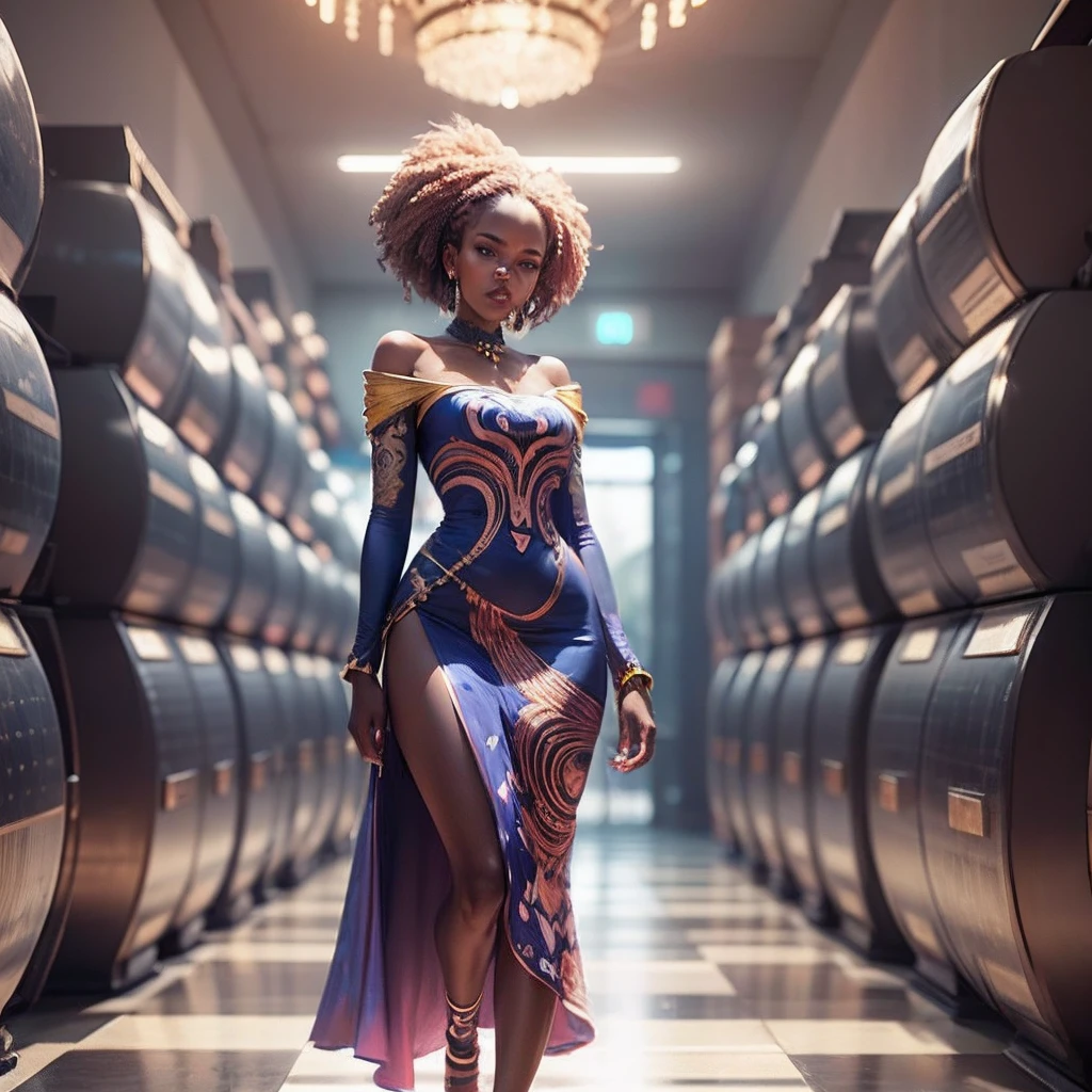 African woman dressed in a reflective dress with African designs standing in a room full of cubes, with iridescent light, highly detailed images, vibrant beautiful colours, photorealistic image, 8k, ultra HD, unreal engine rendered, cinematic lighting, artgerm style, --auto --s2