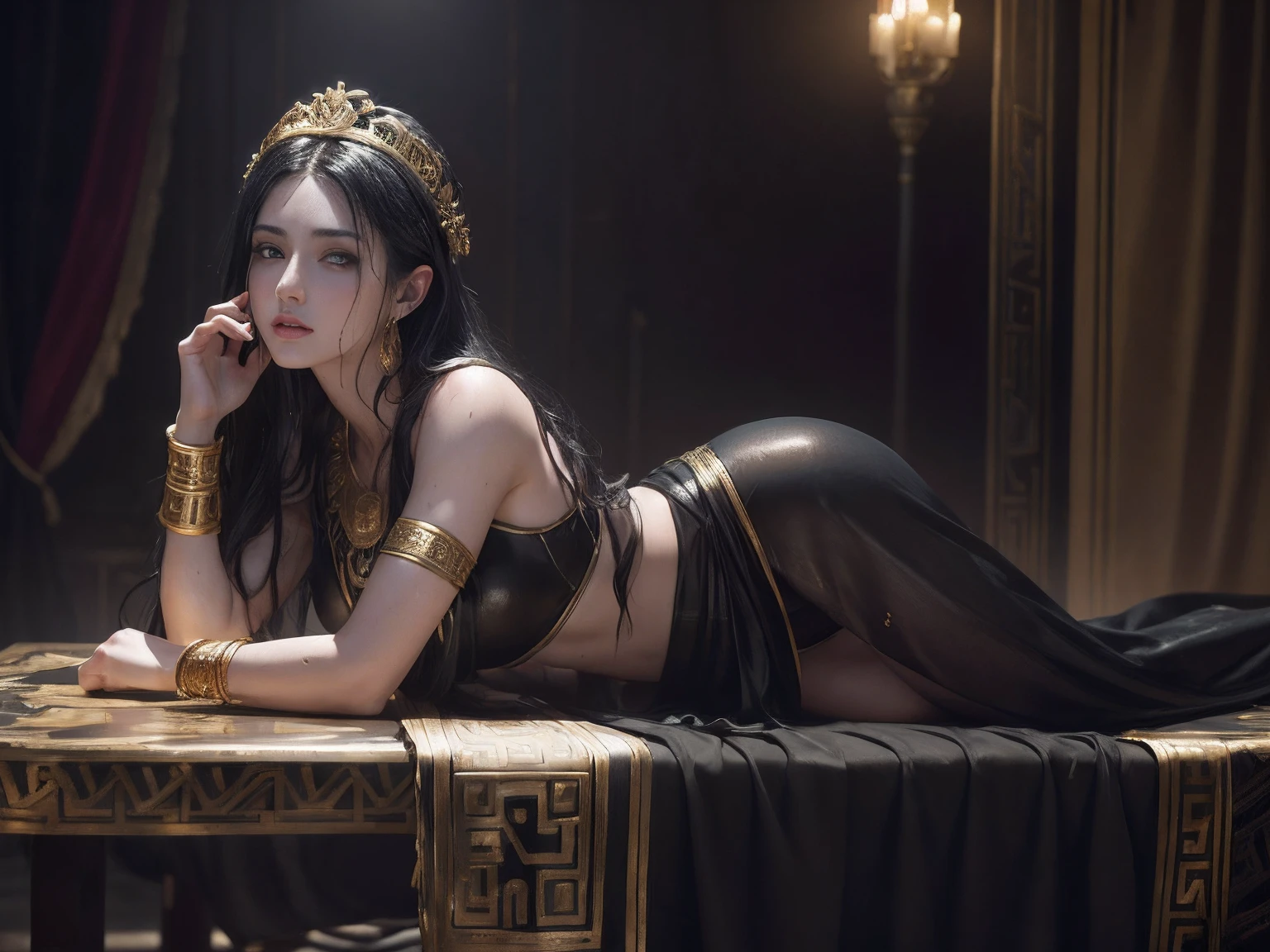 (A beautiful 25 years old female Greek maiden lying on a table:1.2), (wet long black hair:0.9), (pale skin), (detailed oily and sweaty skin:1.2), (serious face), (wearing black colored revealing Greek maiden outfit with golden ornate), (full body shot:1.2), view from front, (sexy pose:1.2), (chiaroscuro lighting:0.8), photo realism, intricate face detail, intricate hand details, highly detailed, vibrant colors, cinematic, 8k, trending on Artstation--style raw