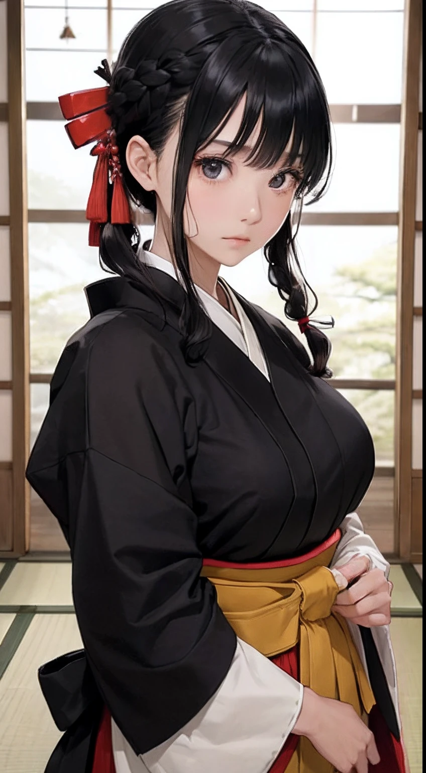 (Woman with Japan long bow:1.4)、1girl in,Black hair fringe long hair、Braided hair、disheveled hair、Light brown eyes、(Extraordinary beauty)、(dignified expression)、(Hakama:1.4)、(爆乳:1.4)、dojo、(Photorealsitic)、(intricate detailes:1.2)、(masterpiece、:1.3)、(top-quality:1.4)、(超A high resolution:1.2)、超A high resolution、(A detailed eye)、(detailed facial features)