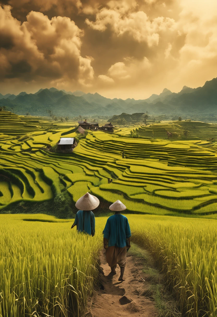 Professional 3D rendering:1.3, photo from hip to head, eyes looking at the camera, Vietnamese man in his 50s, a poor farmer, vast rice fields in the background, detailed, realistic photo