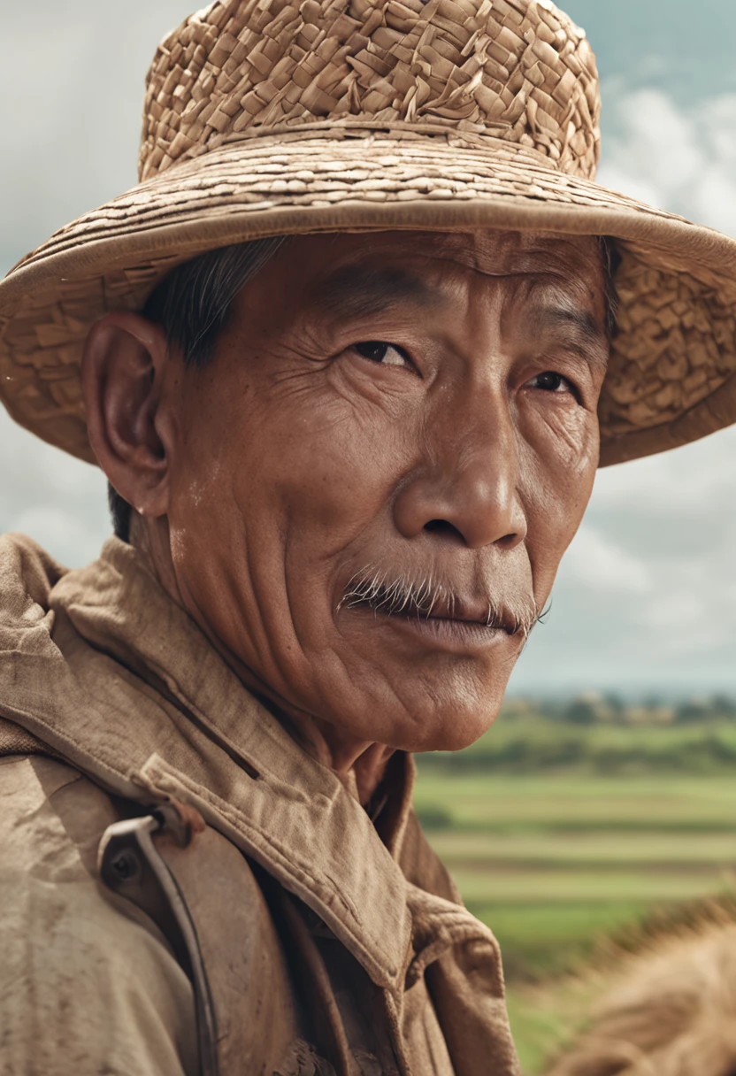 Professional 3D rendering:1.3, photo from hip to head, eyes looking at the camera, Vietnamese man in his 50s, a poor farmer, vast rice fields in the background, detailed, realistic photo