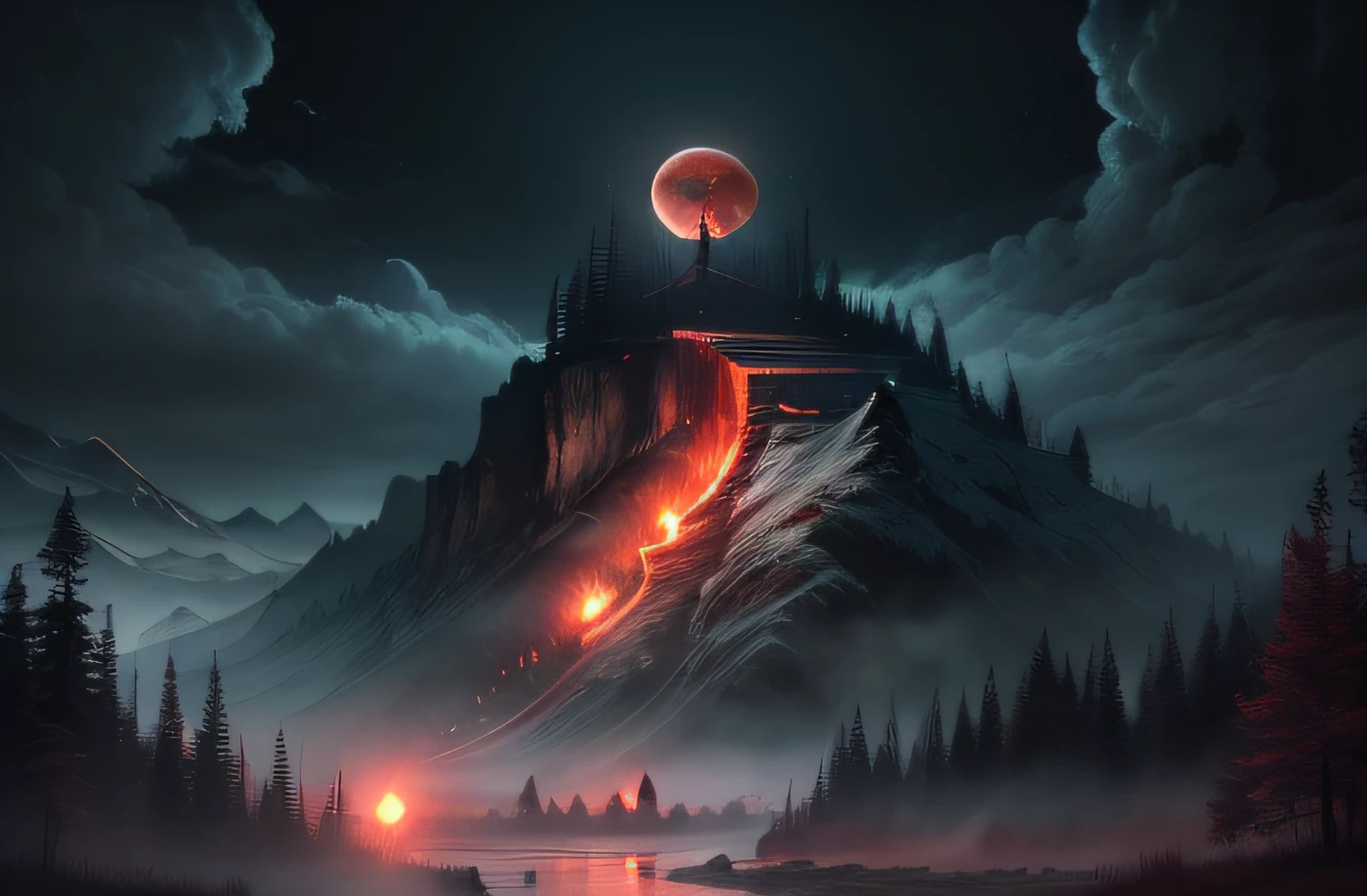 (masterpiece, best quality:1.4), cinematic light, colorful, high contrast, mountain, grass, tree, night, (horror (theme):1.2), (mon(masterpiece, best quality:1.4), (captivating digital art), cinematic lighting, colorful, high contrast, eerie mountain landscape, lush grass, twisted trees, night scene, (horror theme:1.2), (menacing monster:1.2) lurking in shadows, dark atmosphere, blood rain pouring down, blood-red river flowing, haunting blood moon in the sky, chilling and intense visual experiencester:1.2), dark, blood rain, blood river, blood moon