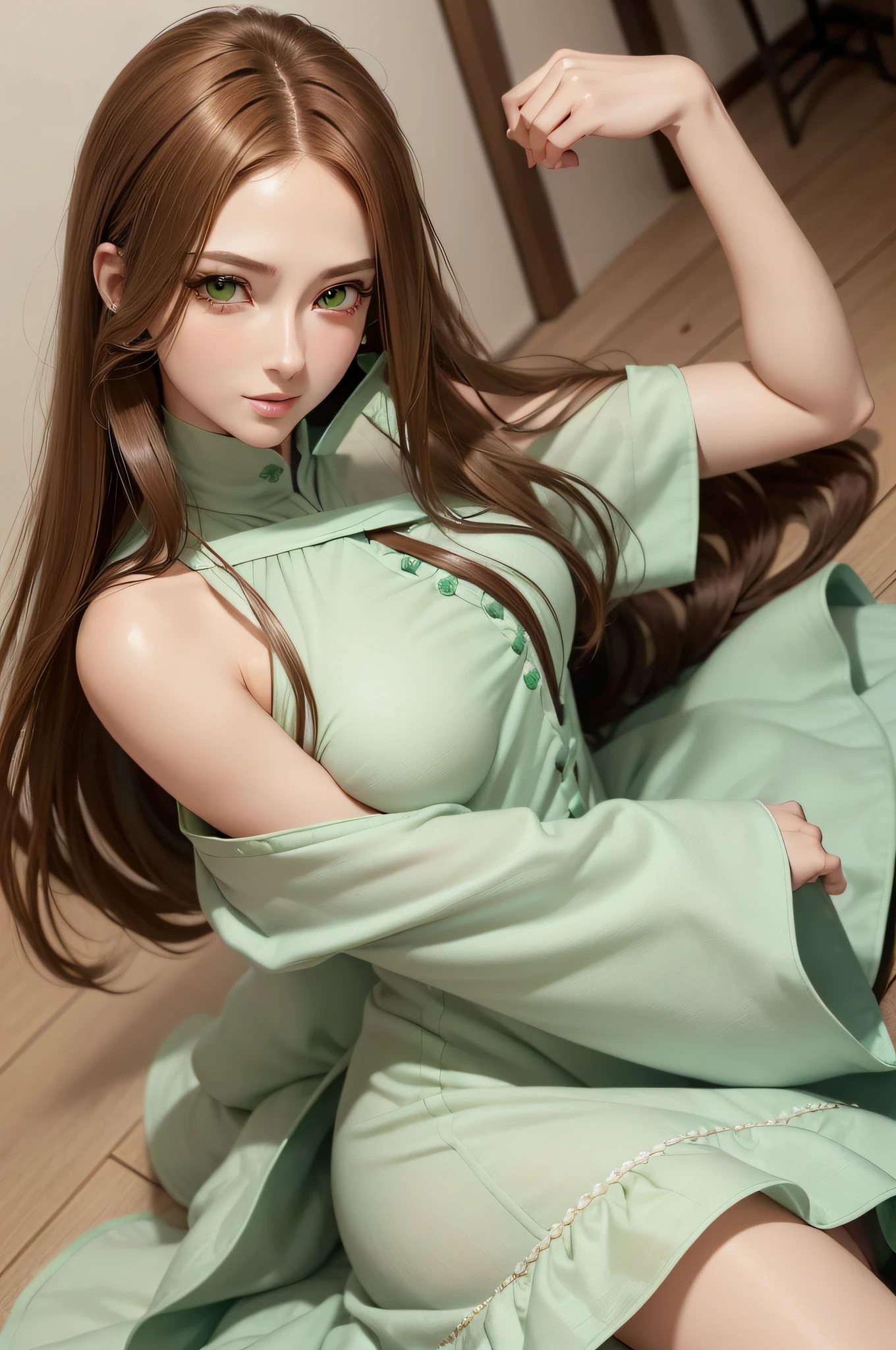 (masutepiece), Best Quality, beautiful detailed hair detailed face, 超A high resolution, Sharp Focus, ((1 woman, Solo)), Perfect feminine face, Upper body, Medium Long Shot, nffsw, in room, (Dress less:1.5), ((Beautifully shaped eyes, Green eyes)), chesnut brown hair, Long hair, seducting smile