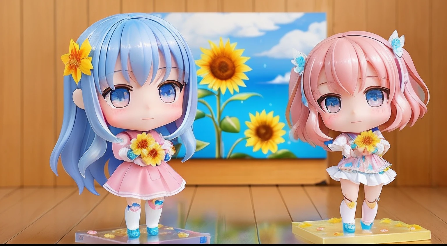 photoRealstic、Top Text Says "Code Angel"、Doll standing in front of the painting、swim wears、laugh face、Water droplets on the cheeks、Selfie Pose、spreading arms widely、、Sengai、pixiv、rokoko、dollfie dream、watercolor Nendoroid、(High Definition Figure)、flowing sakura-colored silk、nendroid、bustup、Sunflower petals、season!!: 夏☀ 🍂 ヒマワリ
