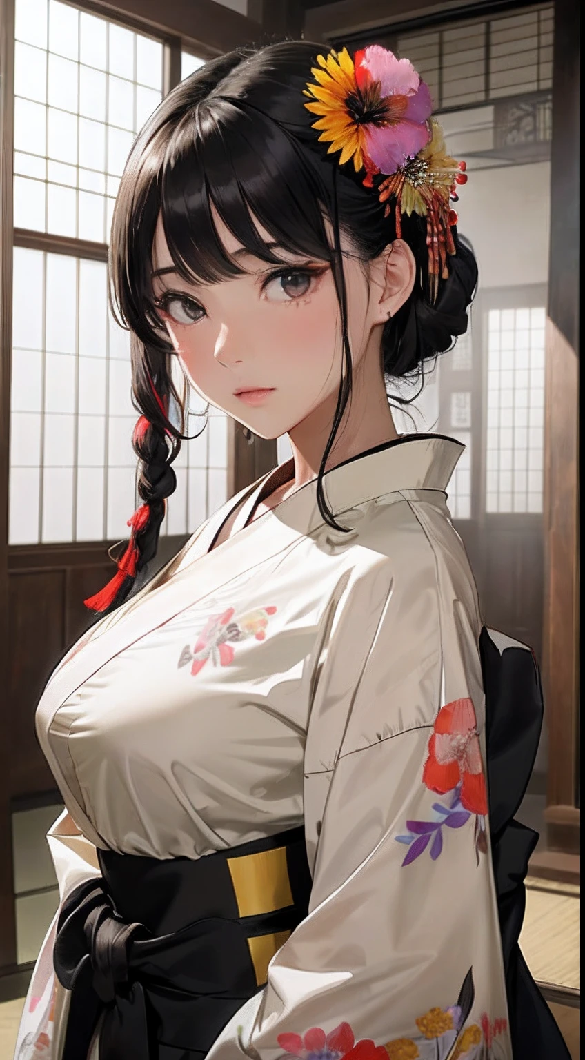 (花魁:1.4)、1girl in,Black hair fringe long hair、Braided hair、disheveled hair、Light brown eyes、(Extraordinary beauty)、(dignified expression)、(Colorful and glossy flower qui kimono:1.4)、(爆乳:1.4)、dojo、(Photorealsitic)、(intricate detailes:1.2)、(masterpiece、:1.3)、(top-quality:1.4)、(超A high resolution:1.2)、超A high resolution、(A detailed eye)、(detailed facial features)