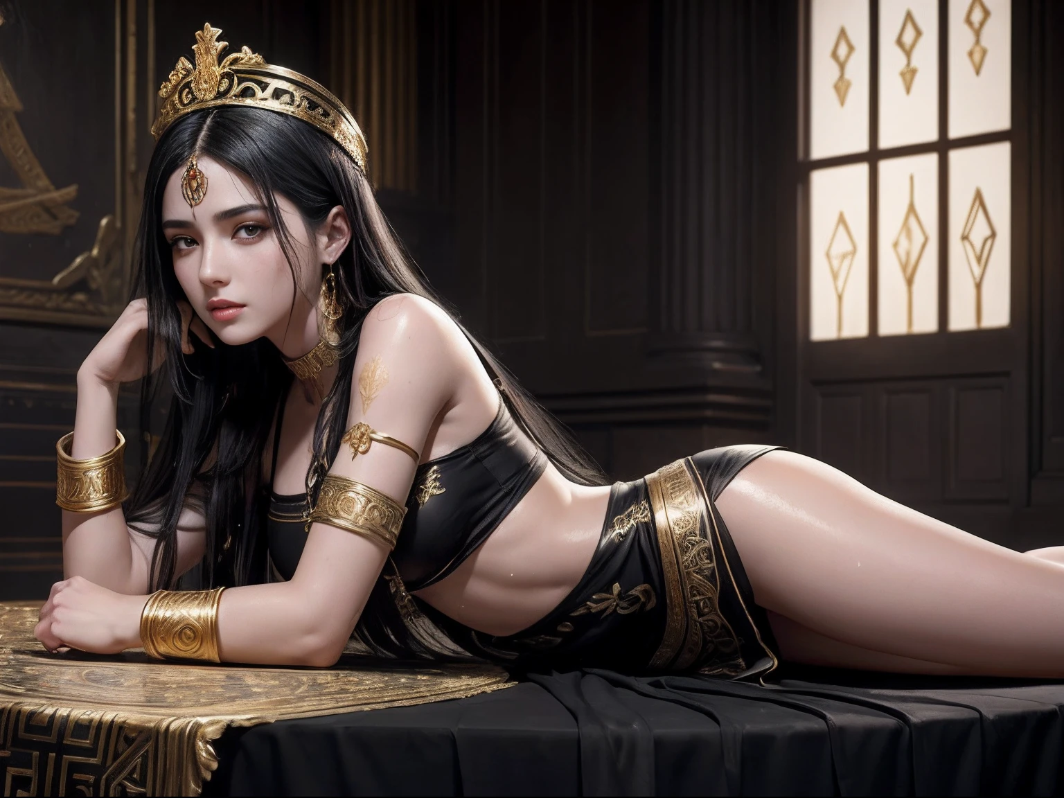 (A beautiful 25 years old female Greek maiden lying on a table:1.2), (wet long black hair:0.9), (pale skin), (detailed oily and sweaty skin:1.2), (serious face), (wearing black colored revealing Greek maiden outfit with golden ornate), (full body shot:1.2), view from front, (sexy pose:1.2), (chiaroscuro lighting:0.8), photo realism, intricate face detail, intricate hand details, highly detailed, vibrant colors, cinematic, 8k, trending on Artstation--style raw