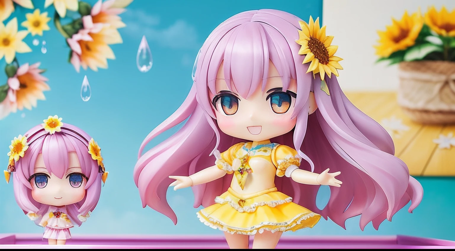 photoRealstic、Top Text Says "Code Angel"、Doll standing in front of the painting、swim wears、laugh face、Water droplets on the cheeks、Selfie Pose、spreading arms widely、、Sengai、pixiv、rokoko、dollfie dream、watercolor Nendoroid、(High Definition Figure)、flowing sakura-colored silk、nendroid、bustup、Sunflower petals、season!!: 夏☀ 🍂 ヒマワリ