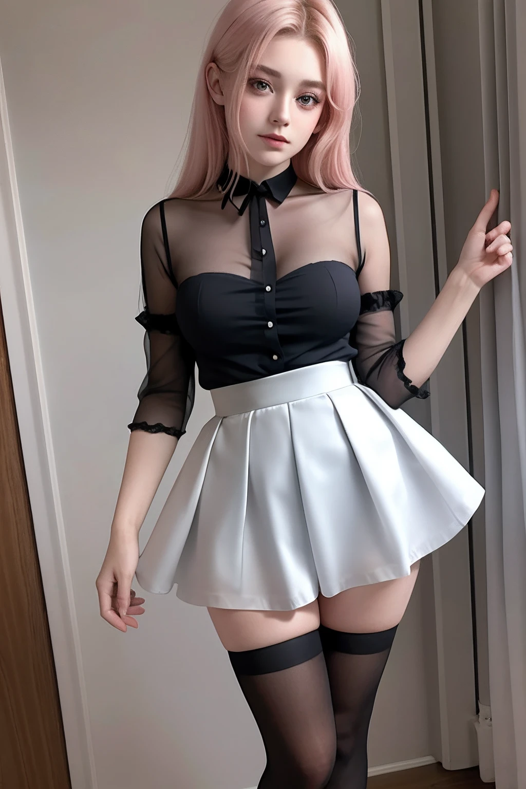 a beautiful yo irlandia woman, sheer shirt, high waist short skirt , thighhighs