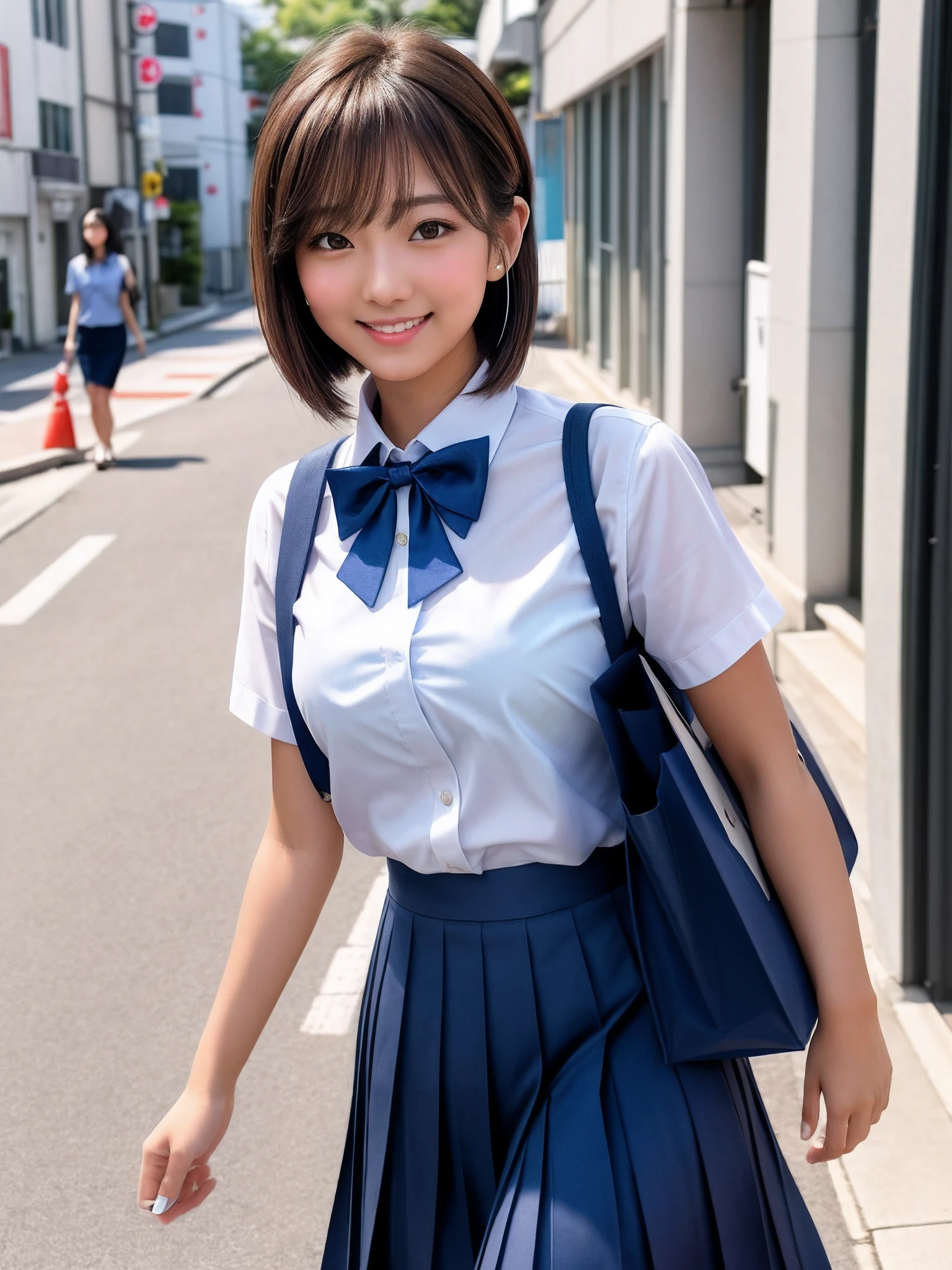 product quality, 1girl, upper body shot, front view, a Japanese young pretty woman, bob hair, walking with a big smile on a street in the evening, glamorous figure, wearing a short sleeves white collared silky shirt with satin dark blue plain bow tie, wearing a dark blue pleated long skirt, wearing a wireless headphones on her head, carrying one tote bag over her shoulder, hyper cute face, glossy lips, double eyelids in both eyes, natural makeup, long eyelashes, shiny smooth light brown bob hair, asymmetrical bangs, a tanned skin, in the classroom, central image, high resolution, high detail, detailed hairstyle, detailed face, spectacular cinematic lighting, octane rendering, vibrant, hyper realistic, perfect limbs, perfect anatomy