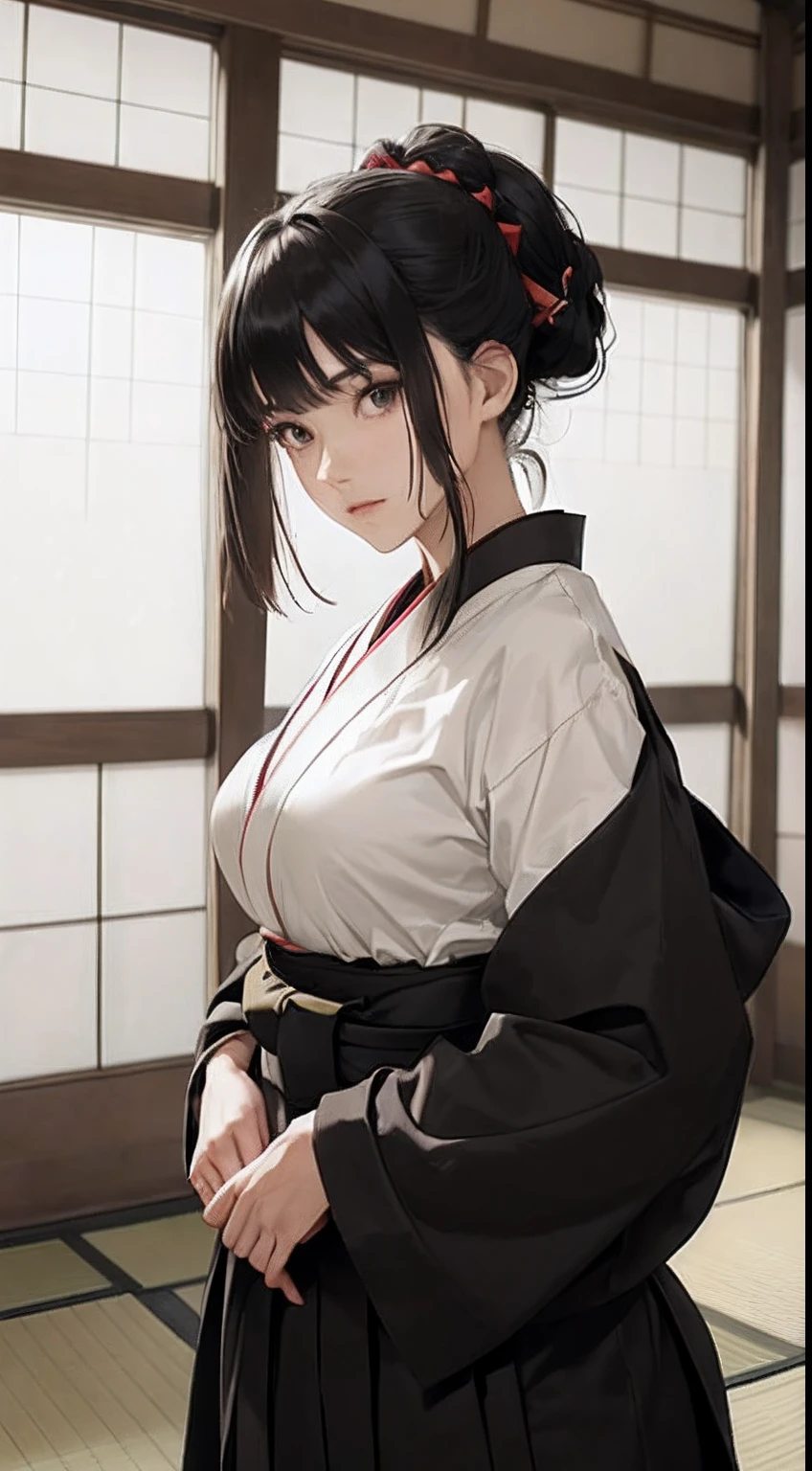 (Woman with Japan long bow:1.4)、1girl in,Black hair fringe long hair、Braided hair、disheveled hair、Light brown eyes、(Extraordinary beauty)、(dignified expression)、(Hakama:1.4)、(爆乳:1.4)、dojo、(Photorealsitic)、(intricate detailes:1.2)、(masterpiece、:1.3)、(top-quality:1.4)、(超A high resolution:1.2)、超A high resolution、(A detailed eye)、(detailed facial features)