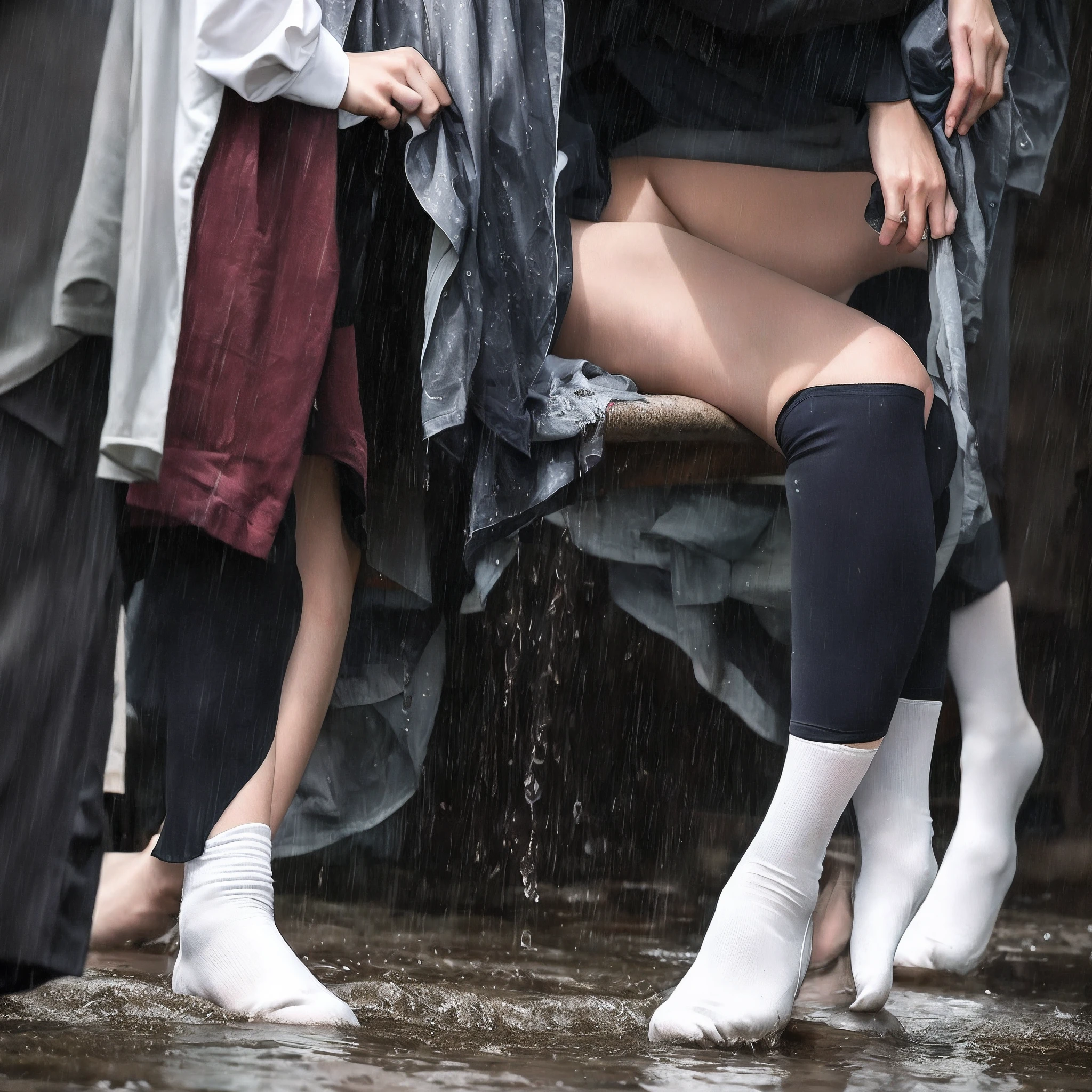 best images quality， tmasterpiece， 超高分辨率， （fidelity：1.4）， photore， 1 rapariga， white  shirt， Horse socks， White sneakers， dimly lit， darkly， be desperate， pitying， poor， cinematic ligh， teardrop， tear drop， （torn laundry：1.5）， （wetclothes：1.4）， Bare breasts， Real rain， Wet body,Wet stockings..ssmile