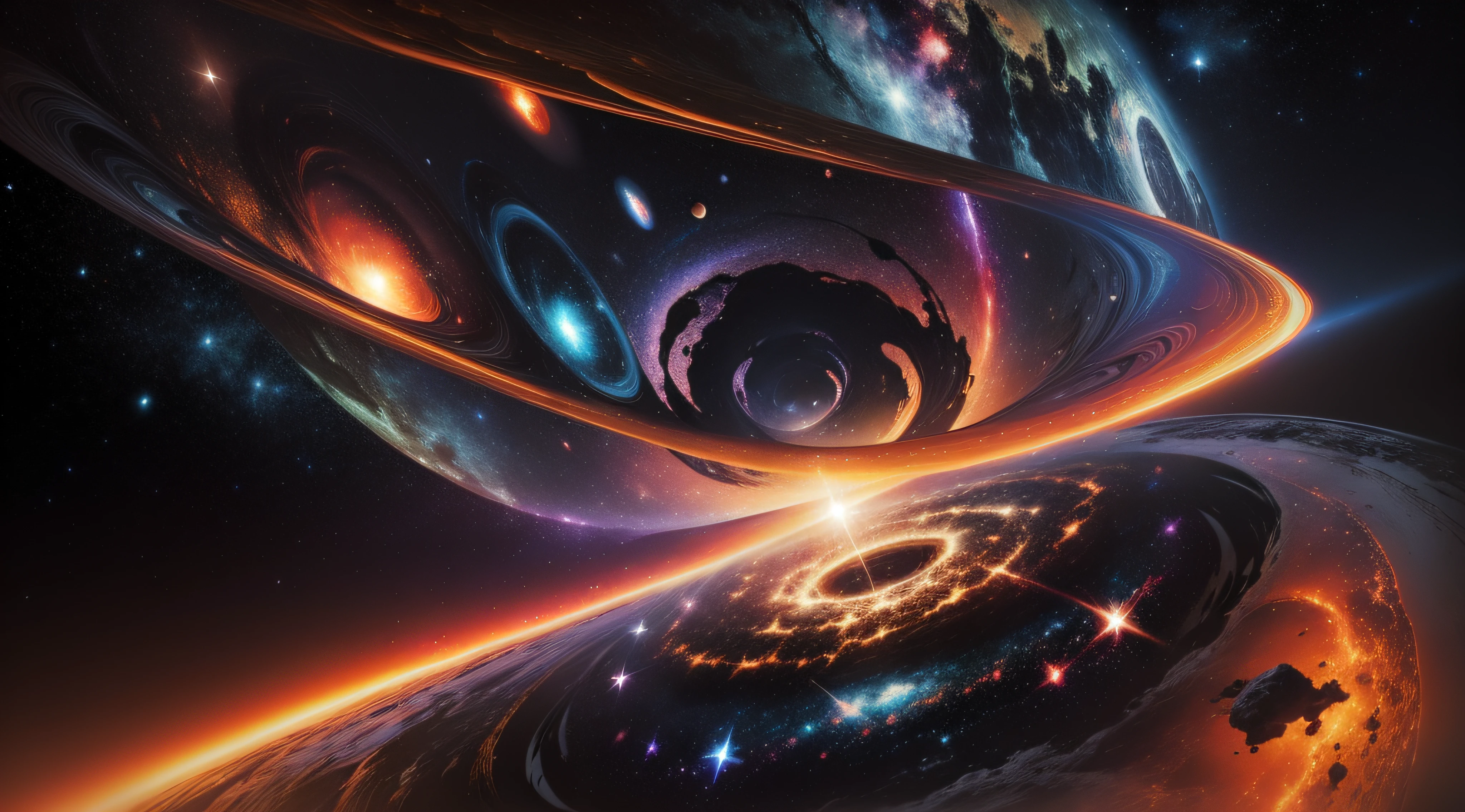 galaxies, stars. planets, suns, colorful, nebula, comets, high quality, realistic, constellation, quasar, distorted, random, chaos, singualrity, collapse, expand, ((black hole))