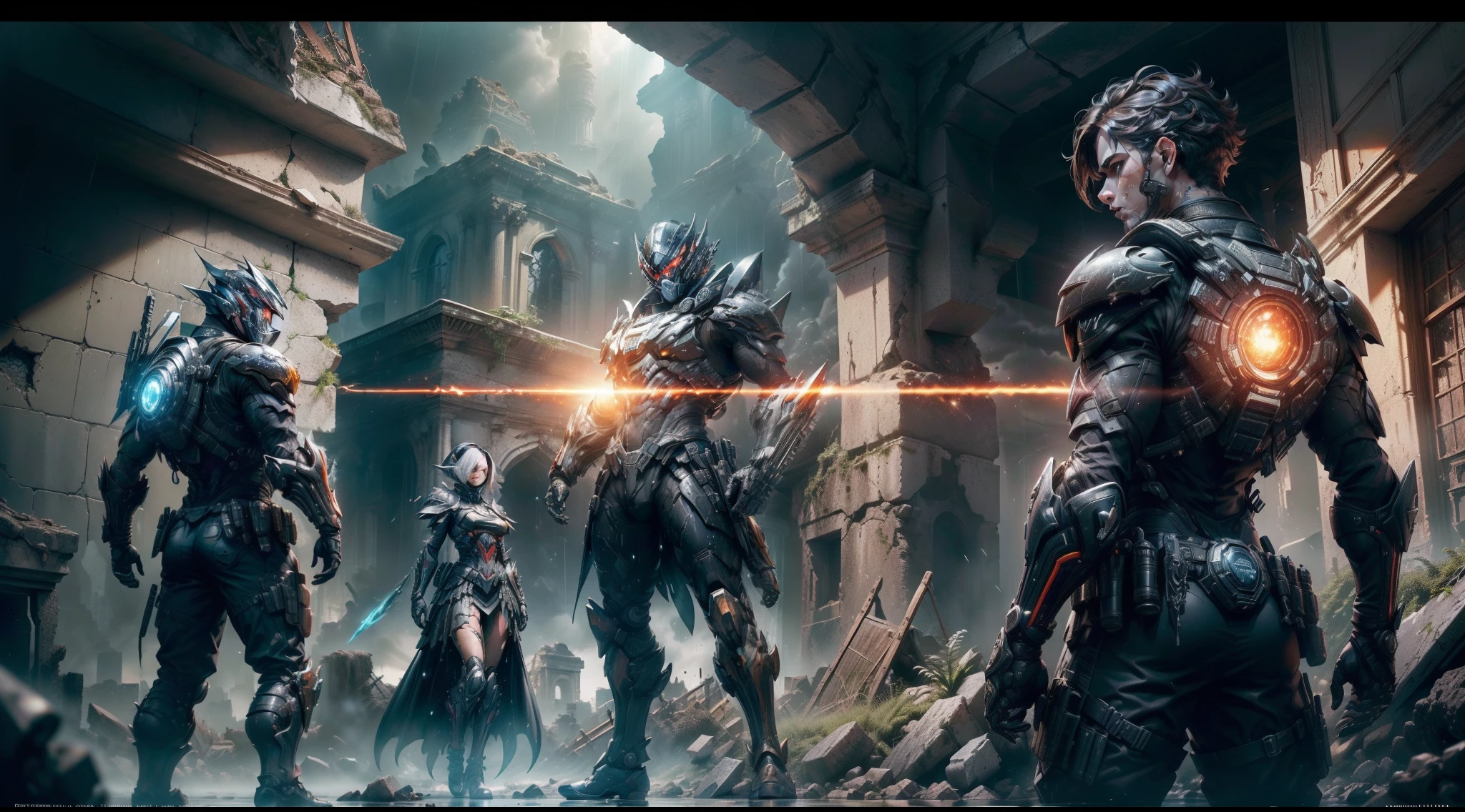 (((Batalha final em um ambiente surreal entre a equipe do Doutor Juliano Kessler e a Ordem temporal))). (papel de parede 8k da unidade CG extremamente detalhado), (obra-prima), (melhor qualidade: 1.2), (alta resolução), (illustration: 1.1), (cinematiclight: 1.1), detalhes intrincados finamente detalhados, (best illustration), 8K分辨率 , detalhes intrincados, melhor qualidade, realista, ultra-detalhado, best ilumination, melhor sombra, ultra-HD, cryengine, ultra hd, (Detailed reflection), sombras detalhadas, (((detalhes intrincados))), suave, ((perfeito shading)), textura de metal de alta qualidade, metallic luster, high detailed illustration, (semi realista: 1.6), (wide_shot: 1.2), (a partir de baixo, dutch_angle), dutch angle, ((cowboy shot)), (((1male :1.5))), (com espada), (((Athletic man))), ((viril:1.5)), ((olhos semicerrados)), (olhos cinzentos), rosto muito detalhado, (((short hair combed back: 1.1))), ((roupas pretas)), ((high quality black tactical gear, black tactical vest)), clothes swaying in the wind, (urban_tech-wear + black_gloves), (((hoodup))) , (perseguidor \\(warframe\\), ((tactical vest + Tactical equipment)), (survival gear), roupas pretas, alto botas, (casaco preto longo), (((usando capa preta rasgada altamente detalhada))), perfect hands, arcanjo, Semi-demon, fundo complicado, Dynamic camera angle, Rain of blood behind, (zona de guerra), (((high quality detailed ruins))), (profundidade de campo), ((cinematic lighthing)), ((horror)), ((fantasia sombria)), lovecraftiano, cor pontual, monotone, vermelho, sangue espirrando, (best ilumination), ( detalhes hiperintrincados), ((ultra-detalhado)), unidade 4k, (CG extremamente detalhado: 1.2), (8k:1.1), ((landscape view)), Artstation, ((por sui ishida, por Wenju))