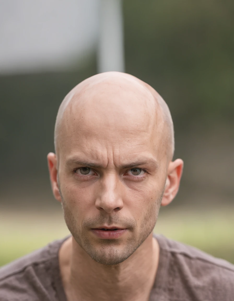 Bald 30-year-old man pulling his hair desperately wide eyes shocked expression on his face
