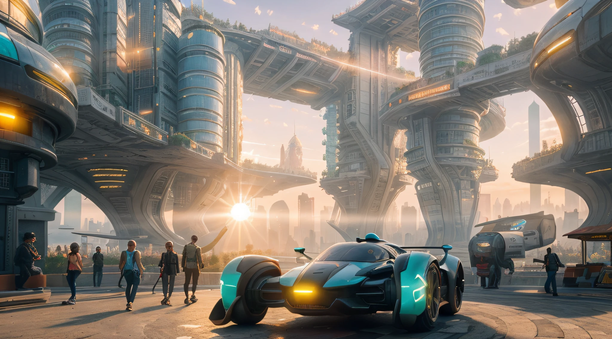serene sunrise moments, (bright sun:1.4), Futuristic AI-powered cities, (several flying cars), panoramic view, cyberpunk style, best quality, (masterpiece:1.2), (intricate details:1.2), vibrant colors:1.3