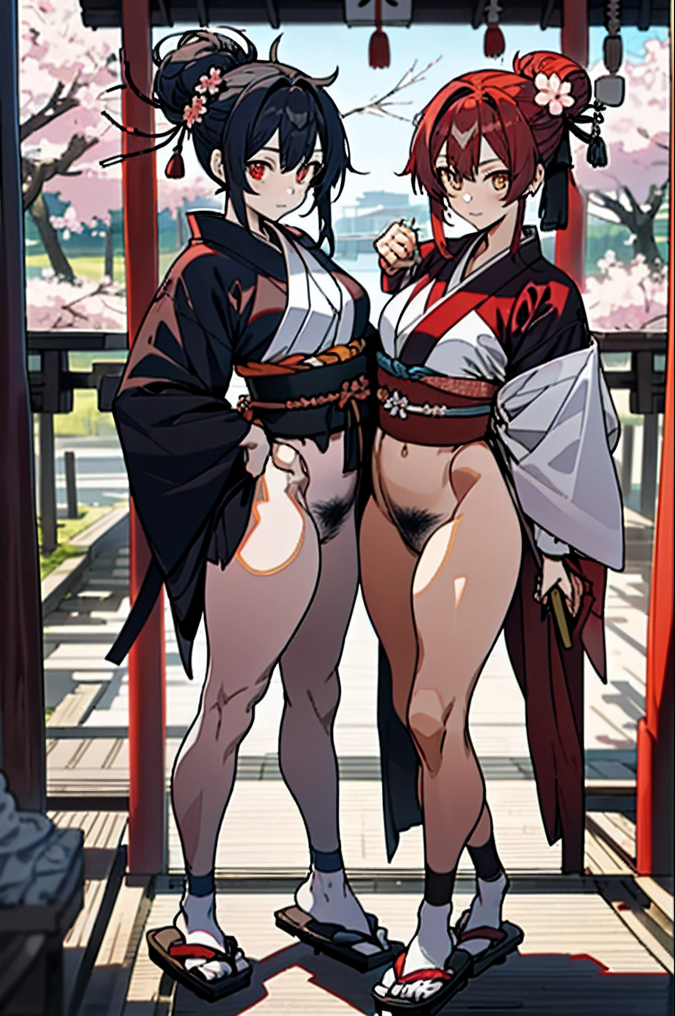 ((Masterpiece,Best quality)),2girls, black kimono, black sock, Black ribbon, Black hair, Cherry blossoms, day, flower, hair-bun, Hair ribbon, Japanese clothes, komono, Long hair, view the viewer ,multipel Girls,obi strip,exteriors,red eyes,red hair,ribbon,sandals,single hair bun,stairways,standing on your feet,statues,Torii,The tree,Kimono with white,Yellow eyes,Thick pubic hair,Pubic hair is exuberant,Strong body hair,Thick pubic hair,Lots of pubic hair,A foreign body is inserted into the