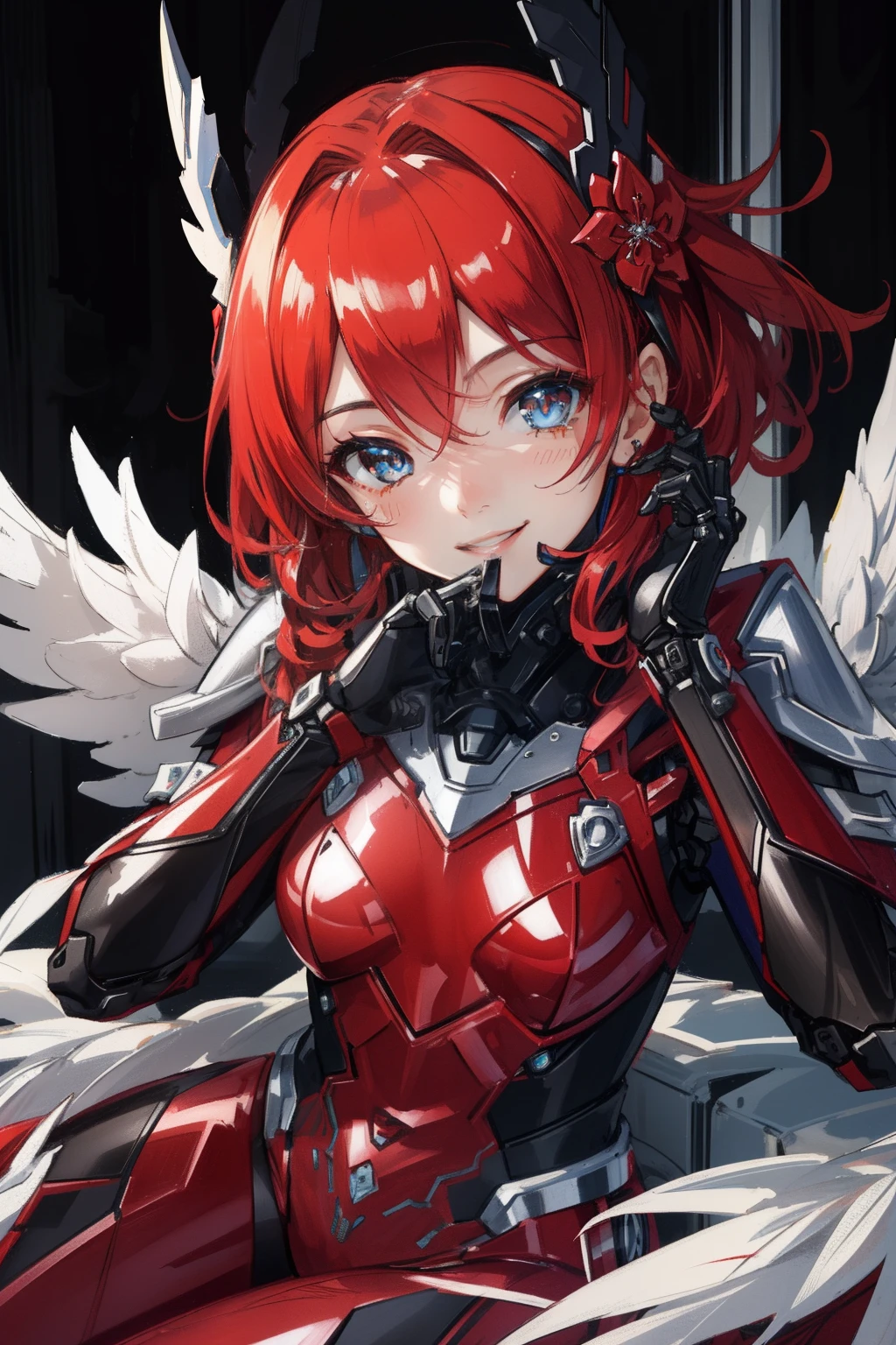 (master piece, Best Quality), Intricate details, valkyrie, kawaii, (((Cheerful smile))), Laugh, Looking at Viewer, Feather Headgear, Night, (((In the black room))), Sitting, Hand up, student,
1girl in, Solo, Realistic, ultra-detailliert, (Shiny skin:1.4), Absurd, slender, Dynamic lighting, High resolution, Sharp Focus, depth of fields, Detailed eyes, Sharp pupils, Realistic pupils, (flat breast), (thick thighs:1.0),
Portrait, swept bangs, short hair with black curly hair, blue drooping eyes, crimson thighs, Deep Red Detached Single Sleeve, Robot joints, Crimson Grove, Crimson bodysuit, Crimson reinforced suit, Cute wings, pantyhose, Crimson Full Armor, flower decoration,