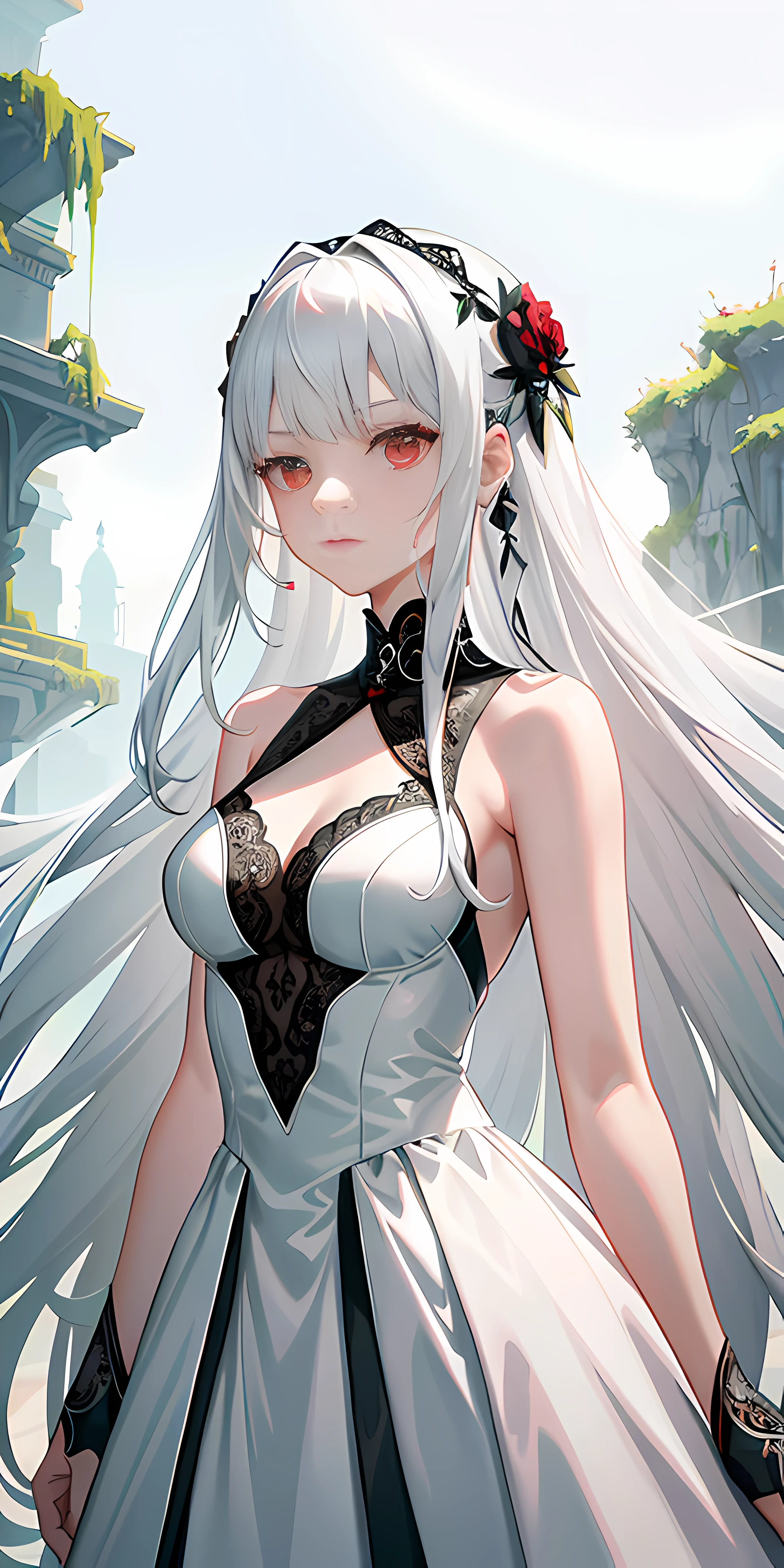 "(A serene meadow:1.3, elegant+otherworldly silhouette:1.2),(enchanting red eyes, cascading white hair),(1girl),intricate gown,(melding silver and black hues)."