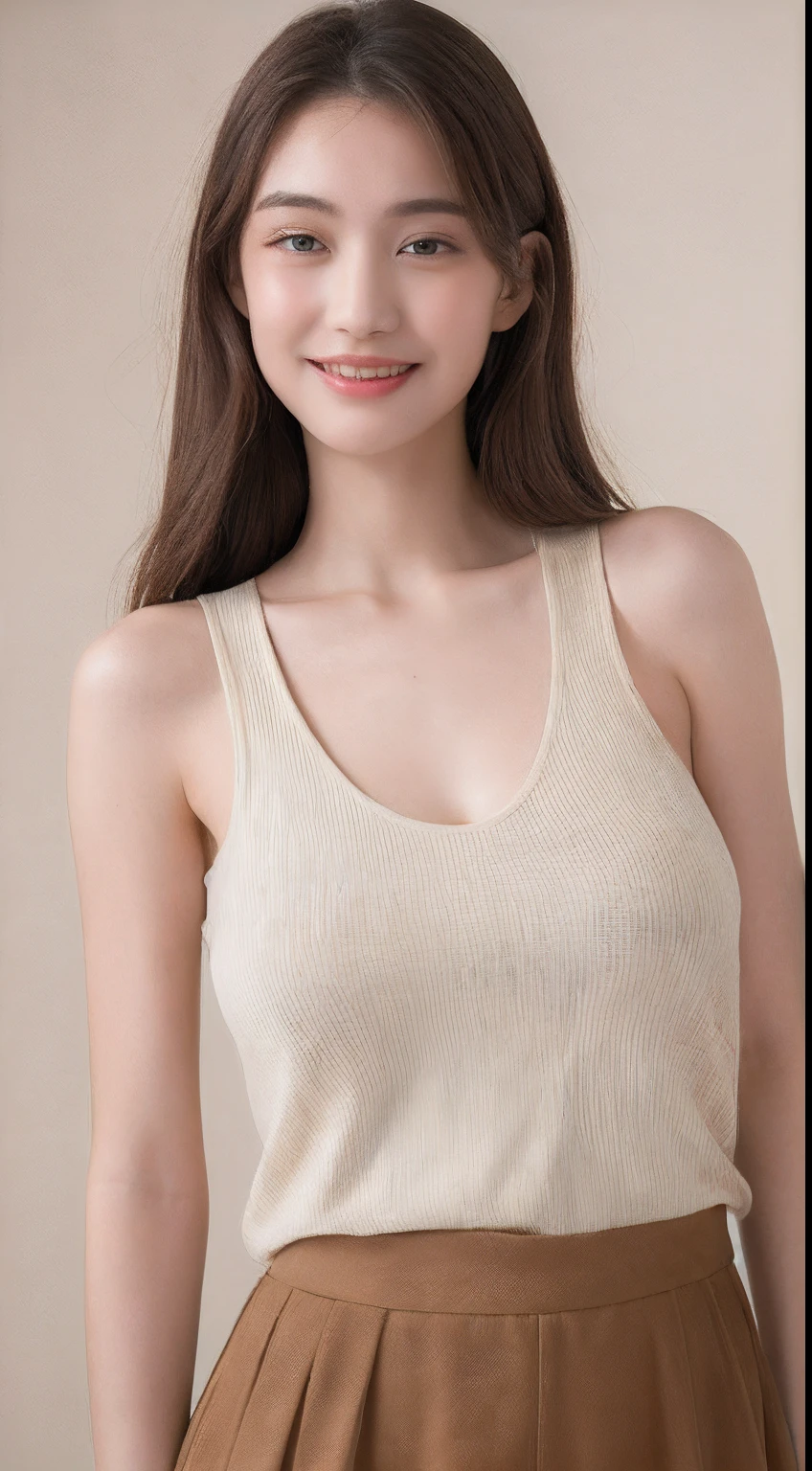 ((Best quality, 8k, Masterpiece :1.3)), 1girl, beautiful woman with emphasis on slender abs: 1.3, (long hair, big breasts: 1.5), oversized tank top: 1.2, super delicate face, delicate eyes, double eyelids, smile, home, brown color clothes, showing her tongue out