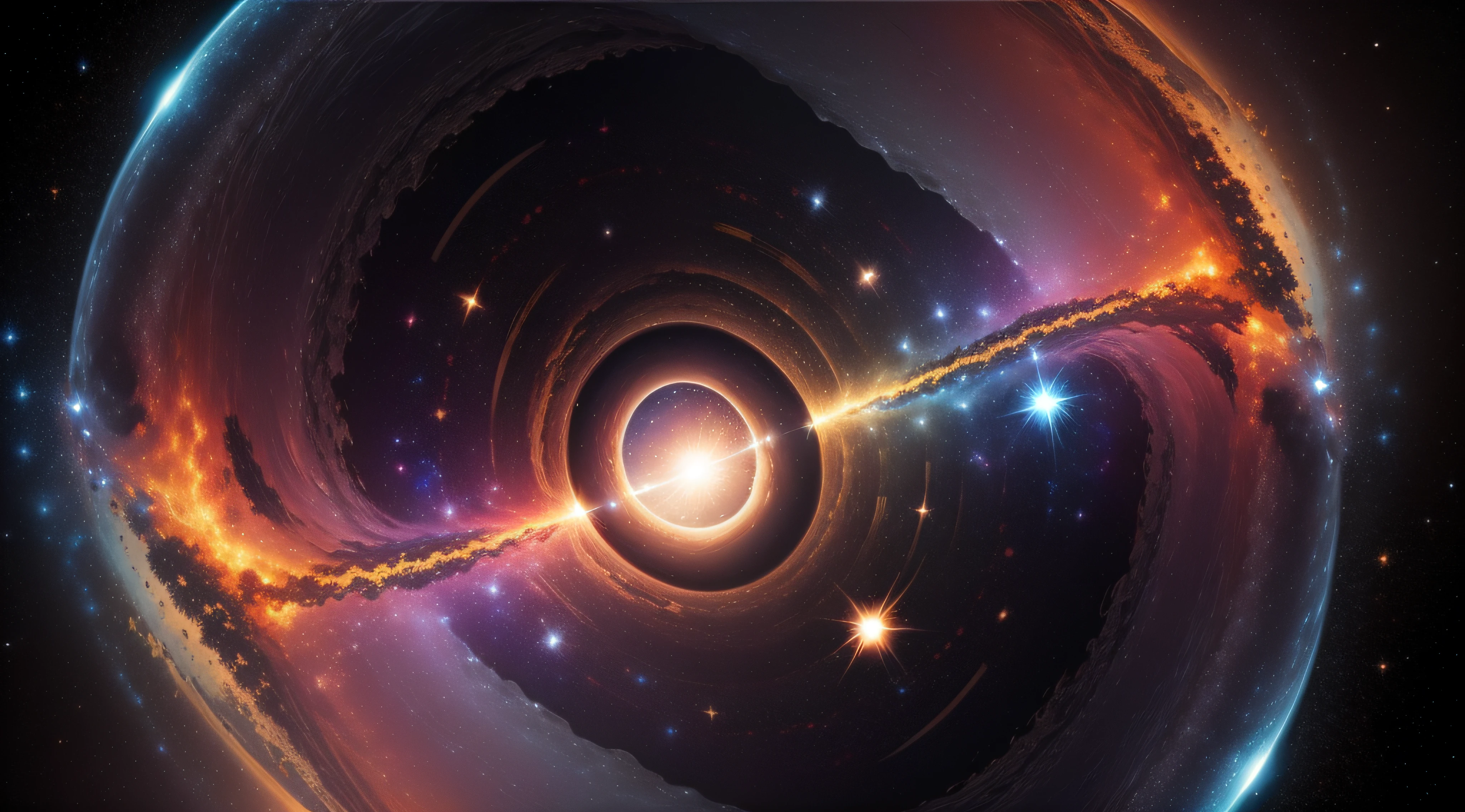 galaxies, stars. planets, suns, colorful, nebula, comets, high quality, realistic, constellation, quasar, distorted, random, chaos, singualrity, collapse, expand, ((black hole))