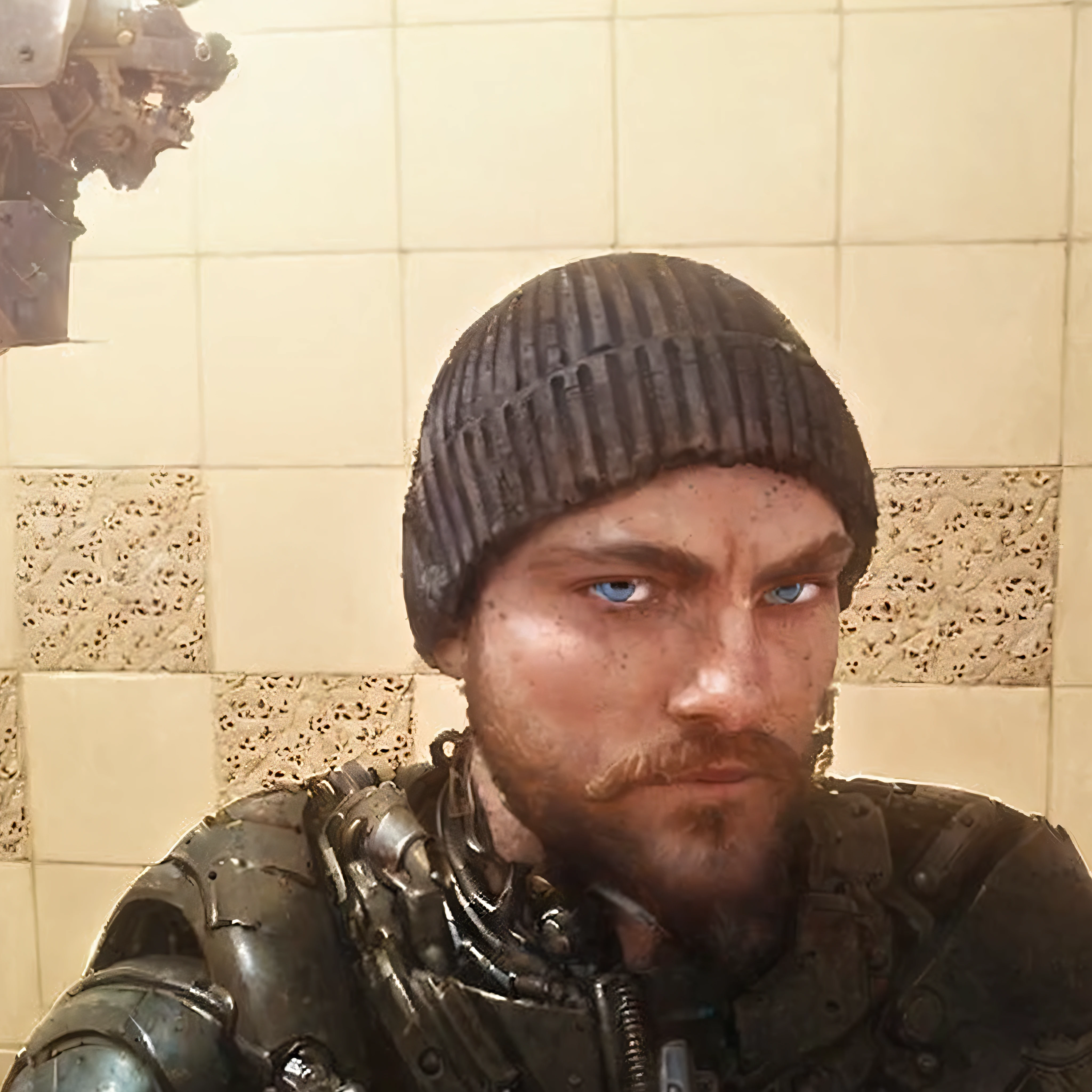Portrait photo of muscular bearded guy in a worn mech suit, ((light bokeh)), intricate, (steel metal [rust]), elegant, sharp focus, photo by greg rutkowski, soft lighting, vibrant colors, (masterpiece), ((streets)), (detailed face:1.2), (glowing blue eyes:1.1)