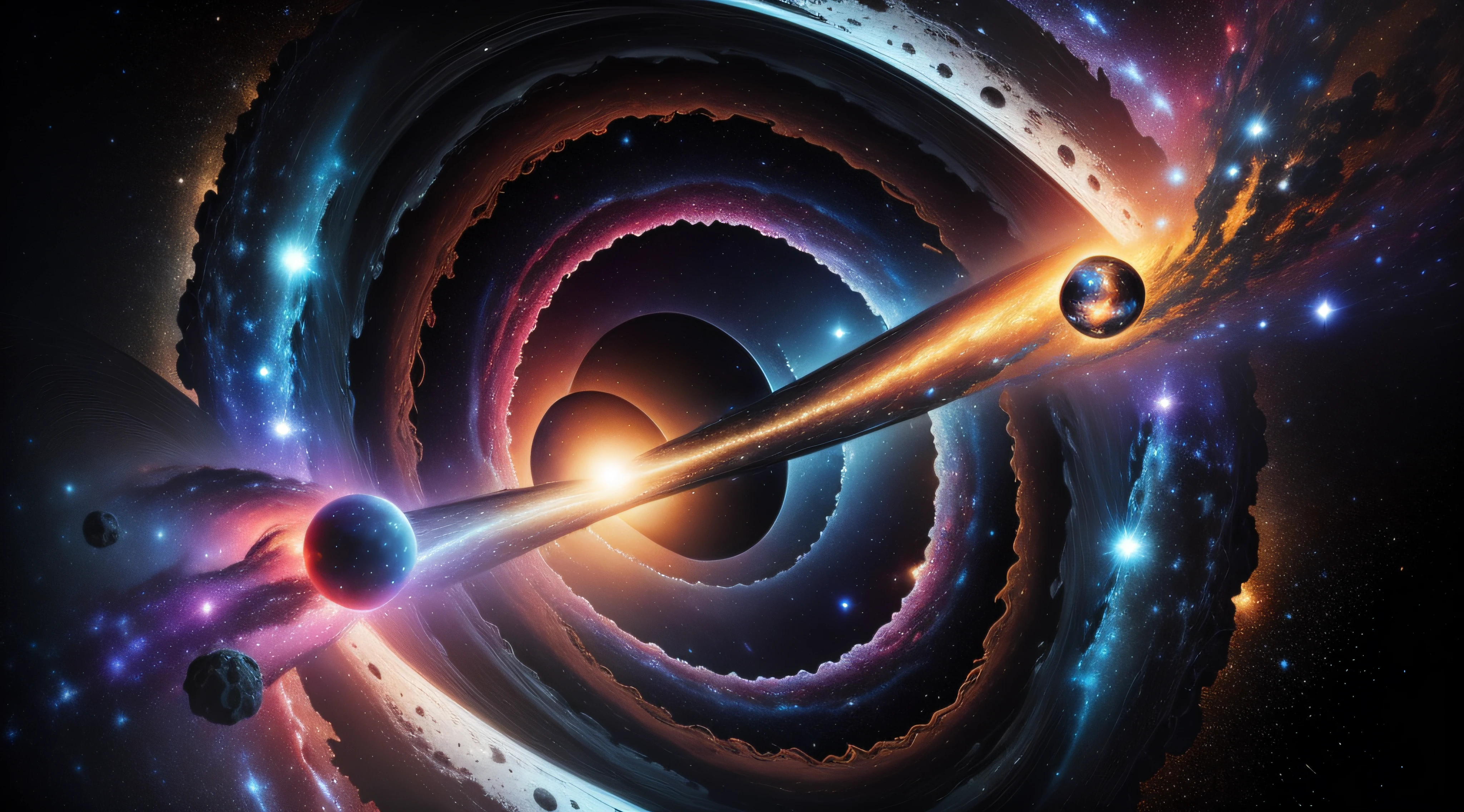 galaxies, stars. planets, suns, colorful, nebula, comets, high quality, realistic, constellation, quasar, distorted, random, chaos, singualrity, collapse, expand, ((black hole))
