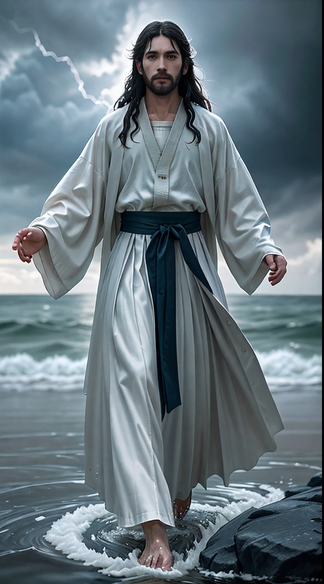 jesus walking on water in a storm, masterpiece, best quality, high quality, extremely detailed CG unit 8k wallpaper, award winning photography, Bokeh, Depth of Field, HDR, bloom, Chromatic aberration, photorealistic, extremely detailed, trending on artstation, trending on CGsociety, intricate, high detail, dramatic, mid-journey art, volumetric lighting