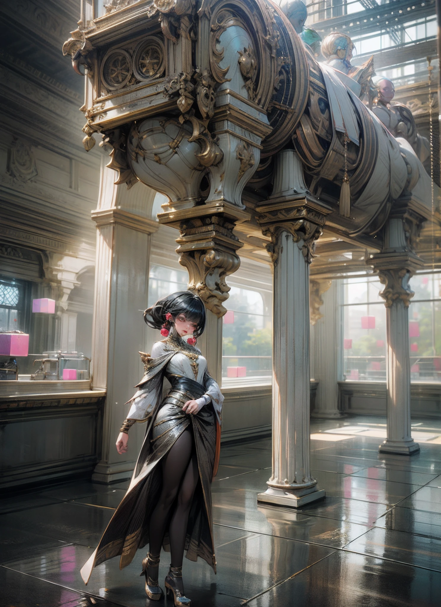 African woman dressed in a reflective dress with African designs standing in a room full of cubes, with iridescent light, highly detailed images, vibrant beautiful colours, photorealistic image, 8k, ultra HD, unreal engine rendered, cinematic lighting, artgerm style, --auto --s2