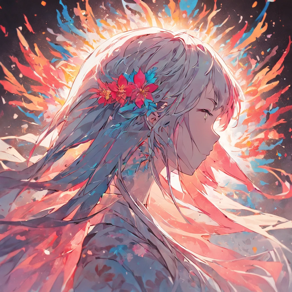 (White background:1.4),(Silhouette of a girl's head, Eyes closed, colorfull long hair, Oriental elements),(Chinese illustration:1.3,paper art:1.3, Quilted paper art:1.2),( reasonable design, Clear lines, High sharpness,Best quality, Very detailed, Masterpiece, movie light effect, 4K )