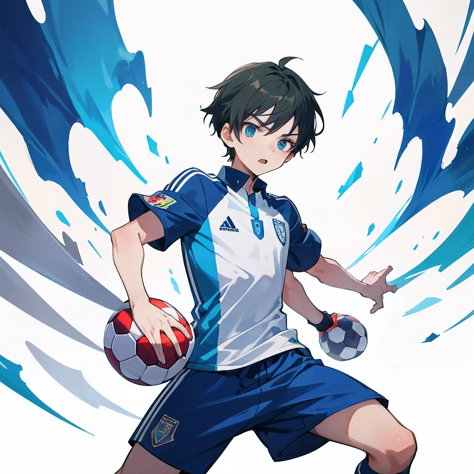 Produce a captivating anime artwork of a young male soccer player against a plain white backdrop. The boy should be portrayed in a striking and stylish manner, wearing a sleek soccer uniform that stands out. The image should convey a sense of motion and excitement, with the boy shown dribbling the ball skillfully. Pay attention to the details, such as the boy's determined expression and the intricate rendering of the soccer ball, to create a visually compelling image that captures the essence of anime aesthetics.