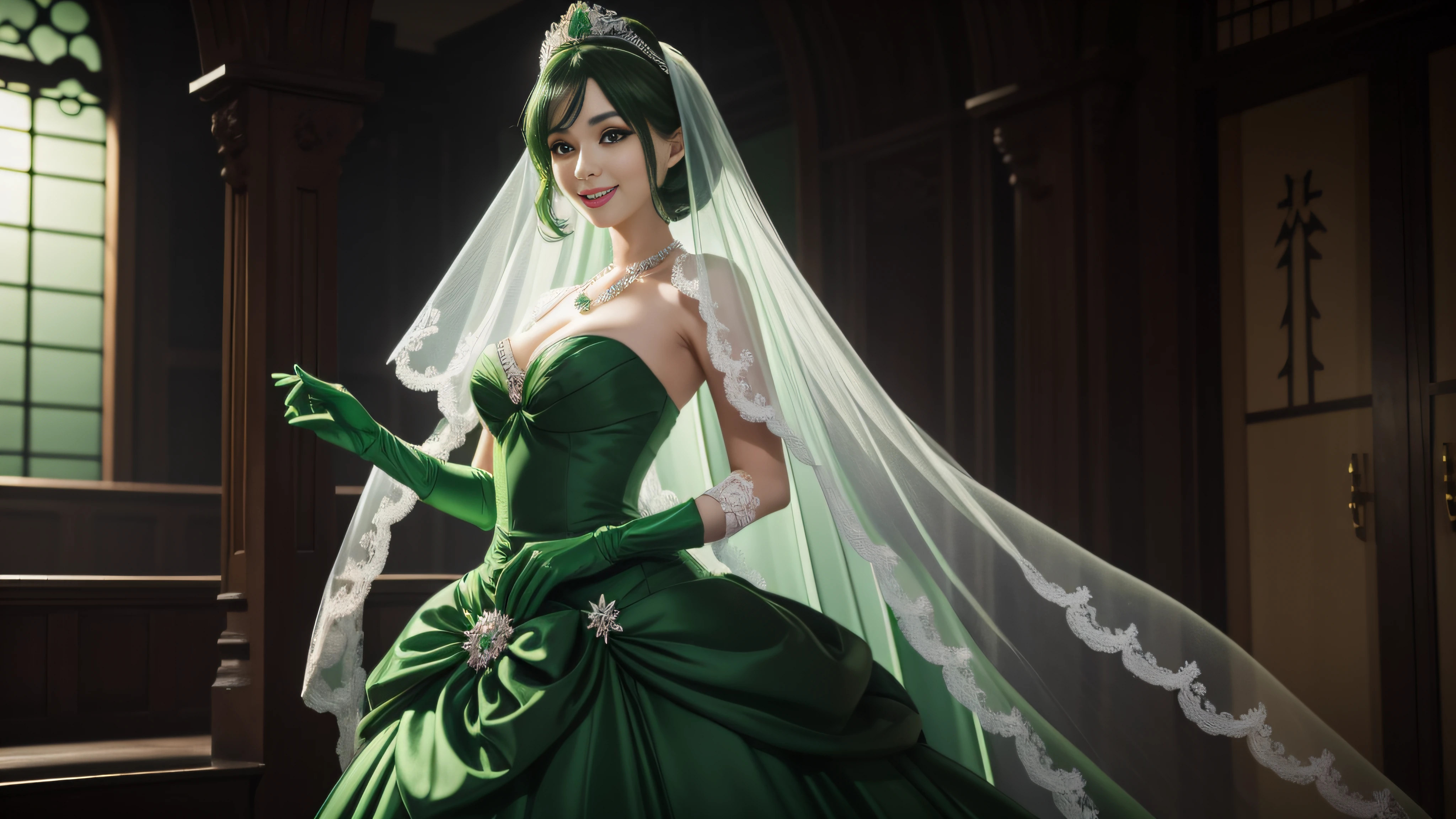 studio lights、depth of fields、full body Esbian、A slender、cute face、A smile、Beautiful detail eyes、Green Dress Flower Cleanser,Sense of atmosphere, best qualtiy,tmasterpiece,1girll,30-years old,Green dress,Daytime Church,full body Esbian, Green gloves,Green very short hair,big breasts beautiful,looking at viewert,ssmile,Green Bridal Veil,Green Long Grove,Satin green long gloves, lipsticks, Pearl Necklace、Green gloves, emerald tiara, A Japanese Lady