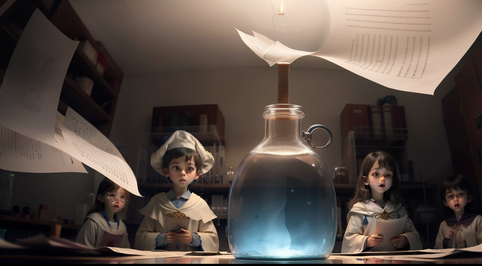 Floating paper;A group of ;Experiment in the lab;They wore magic robes;Holding a magic wand in his hand;Paper on the lab table;Slowly floated into the air