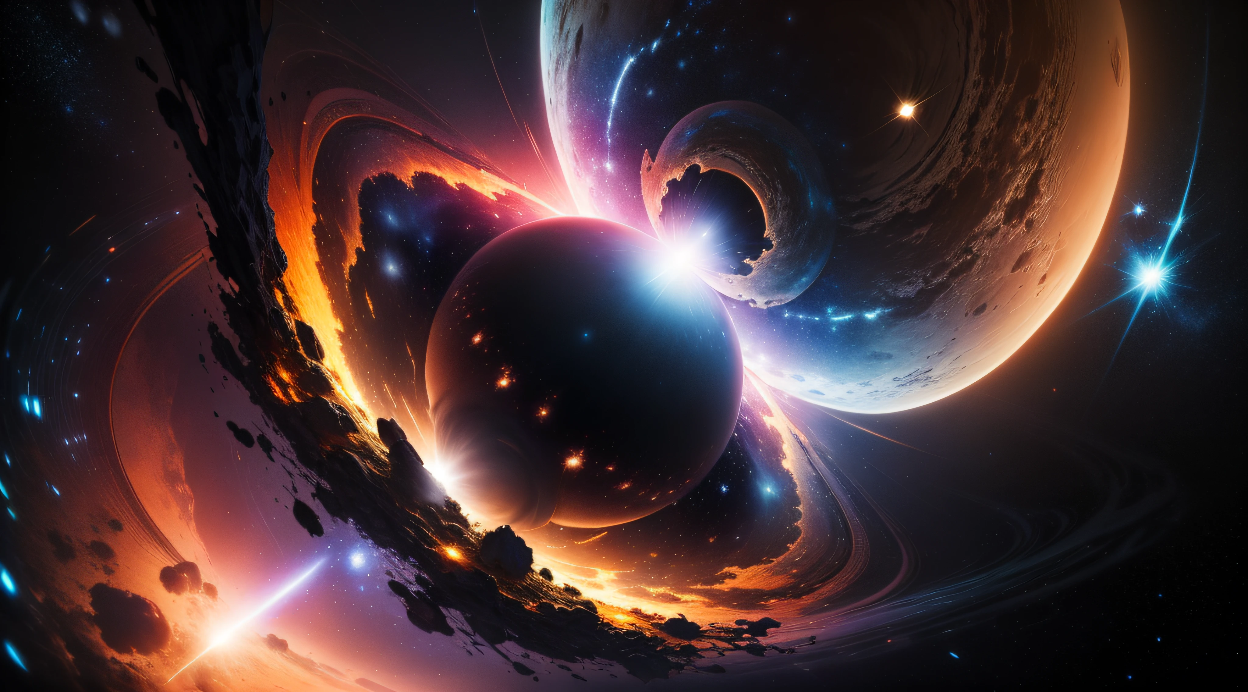 galaxies, stars. planets, suns, colorful, nebula, comets, high quality, realistic, constellation, quasar, distorted, random, chaos, singualrity, collapse, expand, ((black hole))
