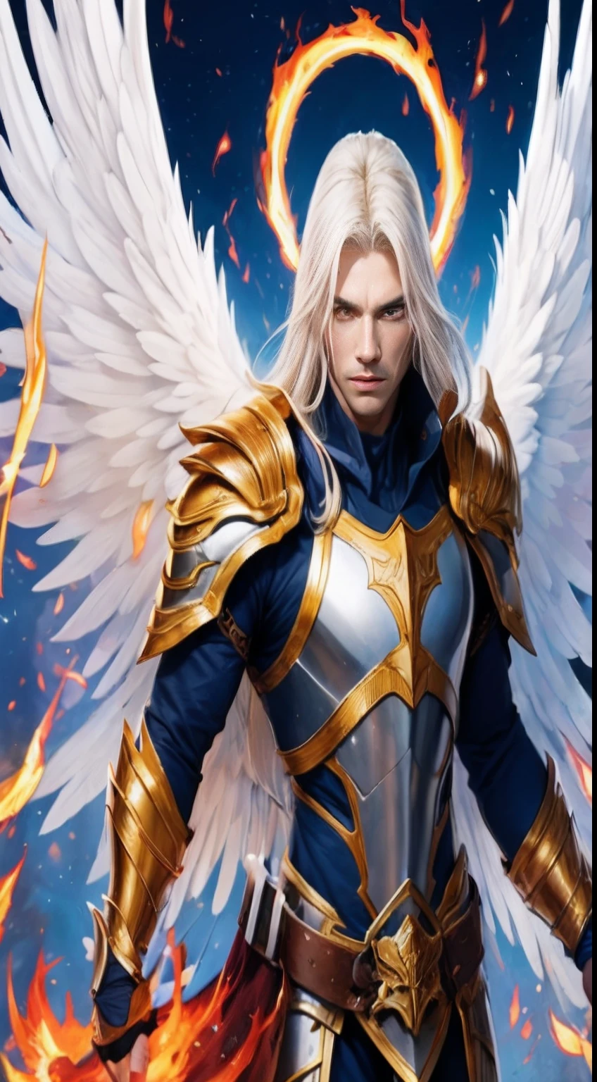 Archangel man, very handsome, with beautiful wine-colored armor, white skin, long straight blond hair, with white wings, drawing style image, a very fiery energy wrapped around the archangel, fire eyes, serious face.