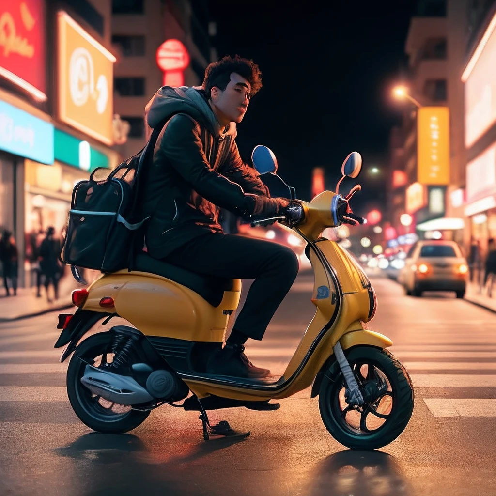 arafed man sitting on a scooter in the middle of a city street, riding on the moped scooter, moped, shot on sony a 7 iii, mid shot portrait, taken with sony a7r camera, in city street at night, photography shot at blue hour, photo taken with nikon d750