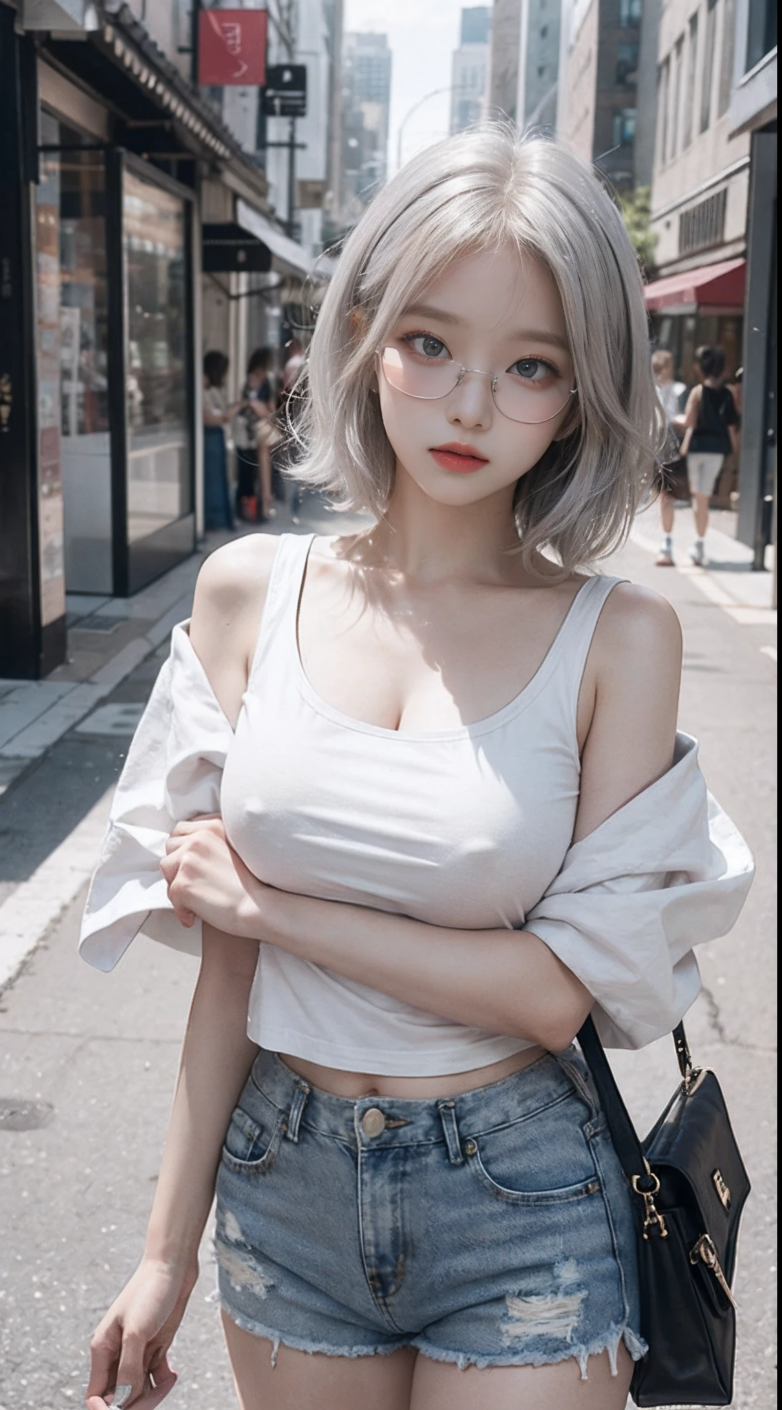 Top image quality、Raw photography、超A high resolution、18-year-old Korean、Glasses beauty、Colossal tits:1.5、cleavage of the breast:1.5、fair white skin、shiny white skin、(short bobbed hair)、((bright silver hair、bright white hair))、Beautiful eyes with random colors、very thin lips、beautiful eyes finely detailed、elongated eyes、pale pink blush、long eyeslashes、Beautiful double eyelids、eyeshadows、耳Nipple Ring、(Fashionable glasses、white tee、denim short pants、Beautiful legs、Attractive thighs)、street snap、caps、Emphasis on the thighs、Exposed shoulders