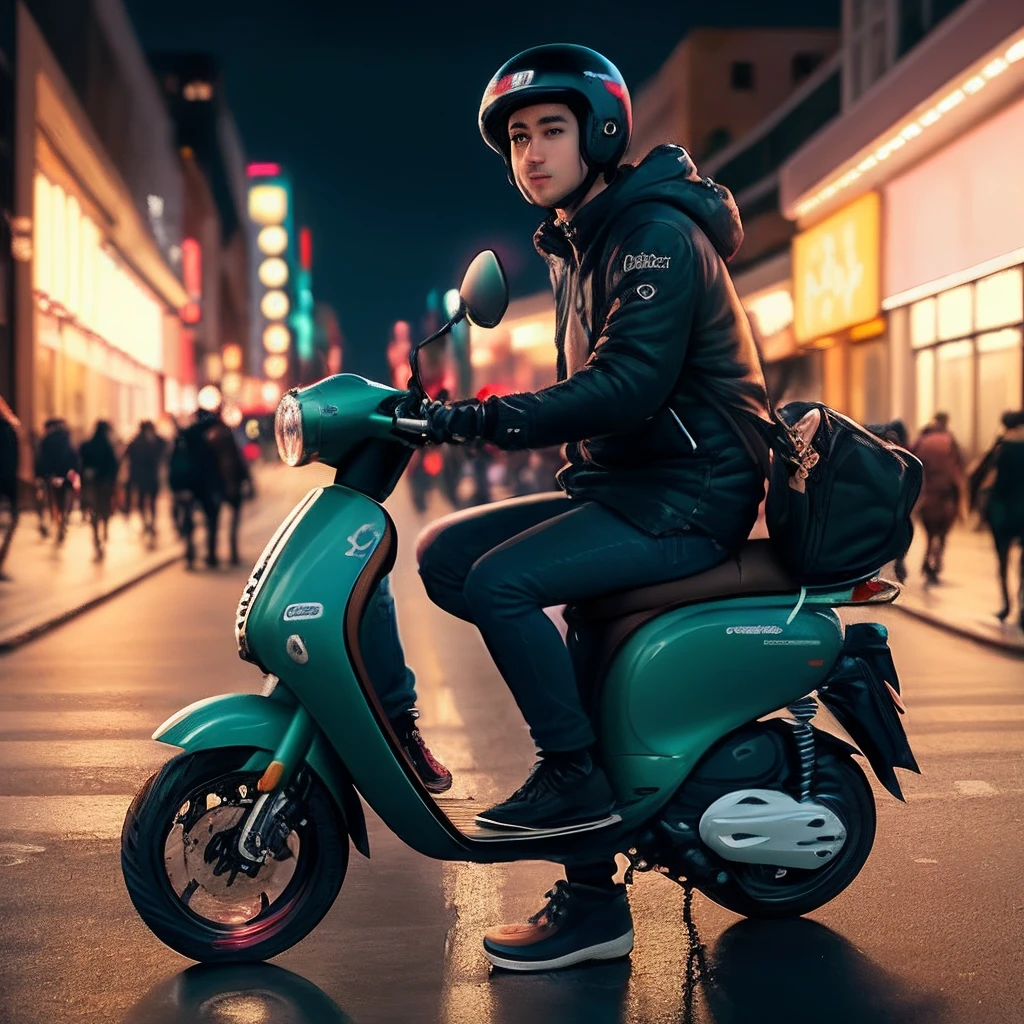 arafed man sitting on a scooter in the middle of a city street, riding on the moped scooter, moped, shot on sony a 7 iii, mid shot portrait, taken with sony a7r camera, in city street at night, photography shot at blue hour, photo taken with nikon d750