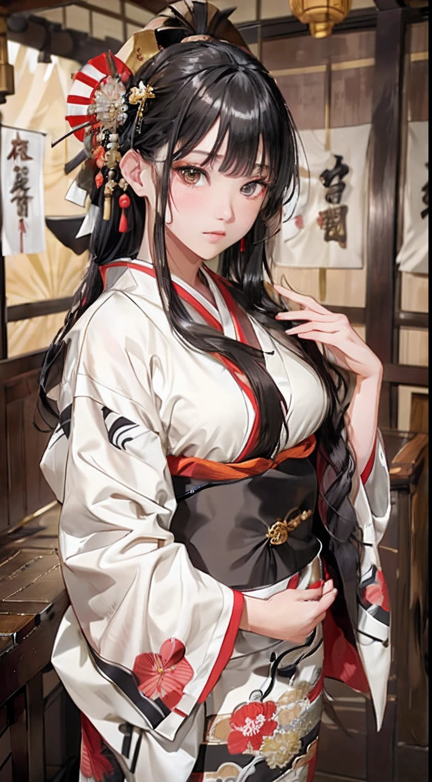 (花魁:1.4)、1girl in,Black hair fringe long hair、Braided hair、disheveled hair、Light brown eyes、(Extraordinary beauty)、(dignified expression)、(Traditional kimono with colorful and shiny luxury Japan:1.4)、(爆乳:1.4)、dojo、(Photorealsitic)、(intricate detailes:1.2)、(​masterpiece、:1.3)、(top-quality:1.4)、(超A high resolution:1.2)、超A high resolution、(A detailed eye)、(detailed facial features)、wearing kimono_clothes