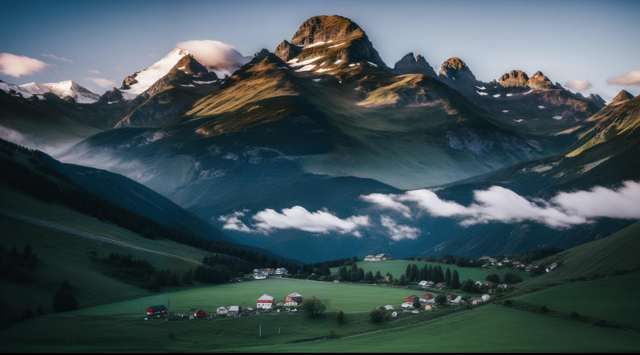 Landscape with a giant mountain disappearing into the clouds on the horizon with a plain of pasture detailed landscape with small villages around