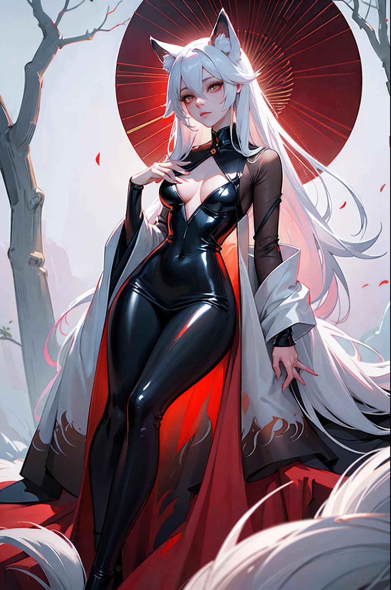 Painting of a fox with white hair sitting on a branch,ethereal fox,nine tail fox,Fox three-tailed fox,Onmyoji detailed art,Nine Tails,a beautiful artwork illustration,mythological creatures,red fox,Beautiful digital artwork,Exquisite digital illustration,mizutsune , Inspired by the mythical creature wildnet,Digital art on Pixiv,strong lights,hight contrast,Horror movie theme,Dark atmosphere,latex body suit,Black silk pantyhose,Exposed clothing,The material of the clothes is transparent,A latex coat where the skin can be seen,The latex material is extremely thin,clothes see-through