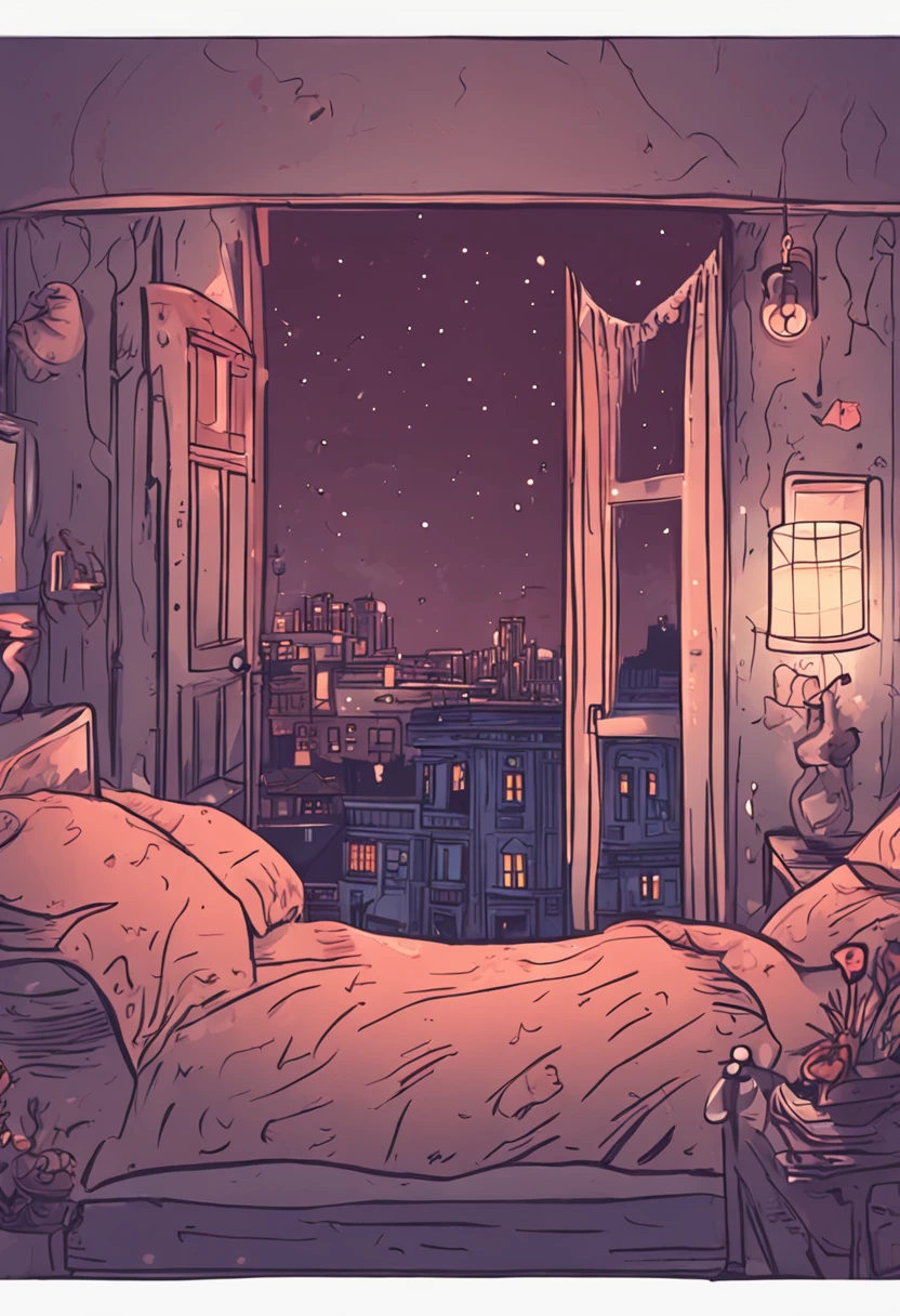 girl, room, night, window, stars, lamp,