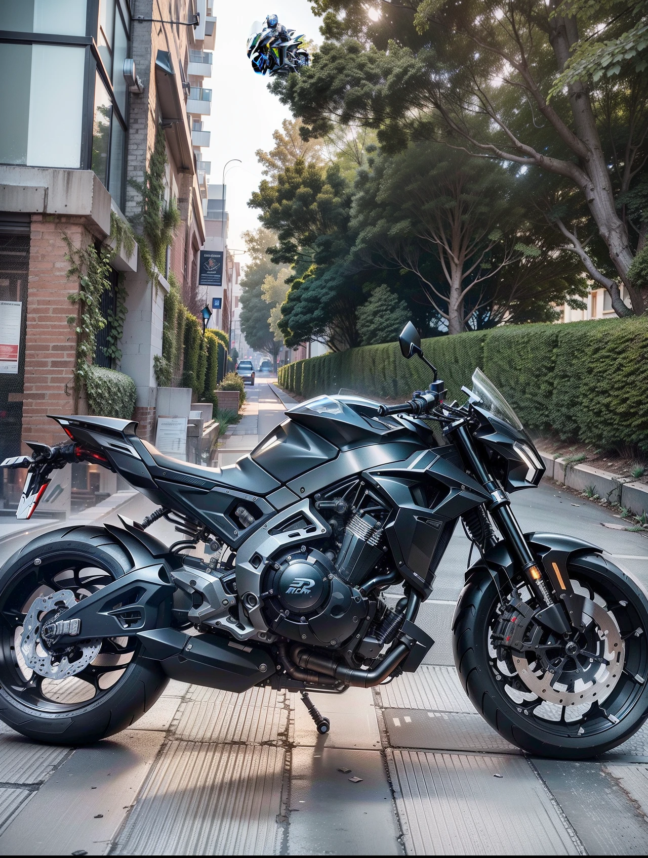 Black Cyber mechanical motorcycle,Nousr, Biomechanicals,High-tech helmet,hyper realisitc, steel, Complex design, insanely details, finely detailled, Extremely clear lines, cinmatic lighting, photograph realistic, A Detailed Masterpiece