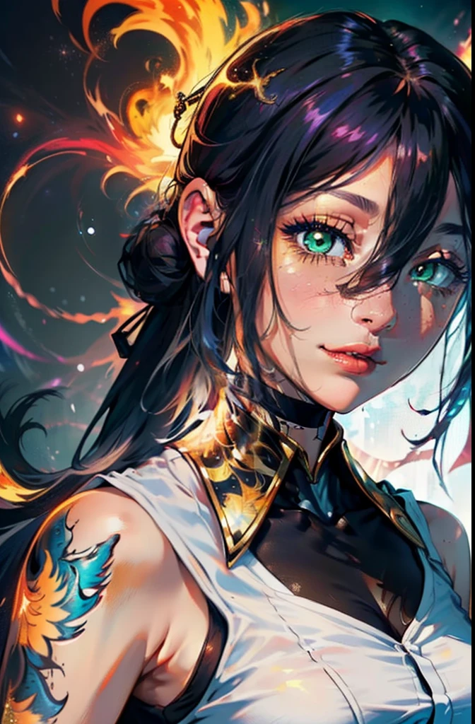 (masterpiece, top quality, best quality, official art, beautiful and aesthetic:1.2), (1girl), extreme detailed eyes, (fractal art:1.3), colorful, highest detailed, (perfect face), shiny skin, HDR, (white cloak golden lines:1.2), galaxy, (light streaks), striking visuals, (dynamic streaks, luminous trails:1.2), vibrant colors, (phoenix), (dragon)